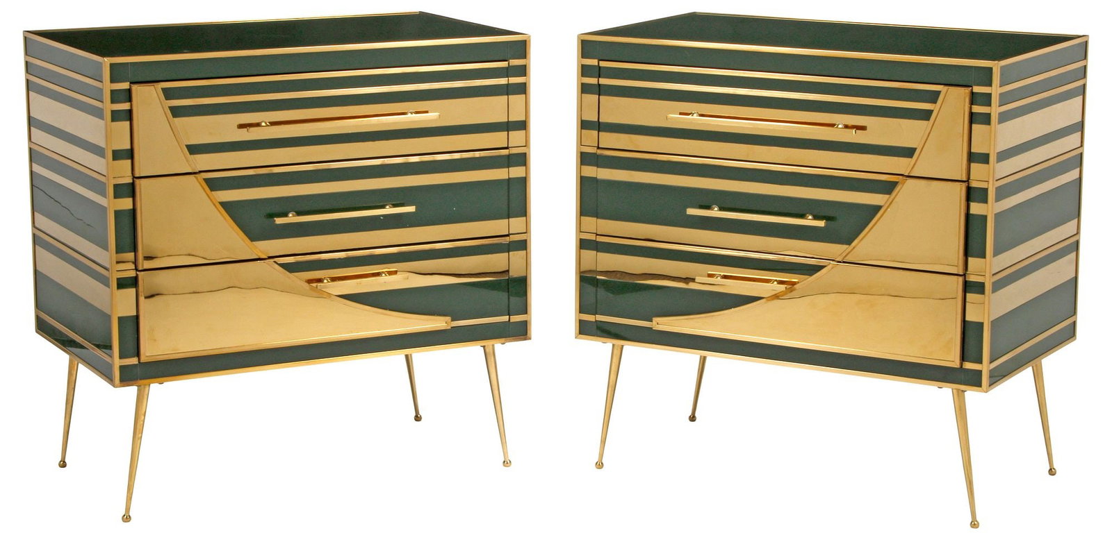 (2) ART MODERNE STYLE GILT & COLORED GLASS-CLAD COMMODES: (pair) Art Moderne style glass-clad chests of drawers, each having rectangular gilt-metal frame with striped geometric black accents, fitted with three drawers, rising on splayed feet, approx 34"h,