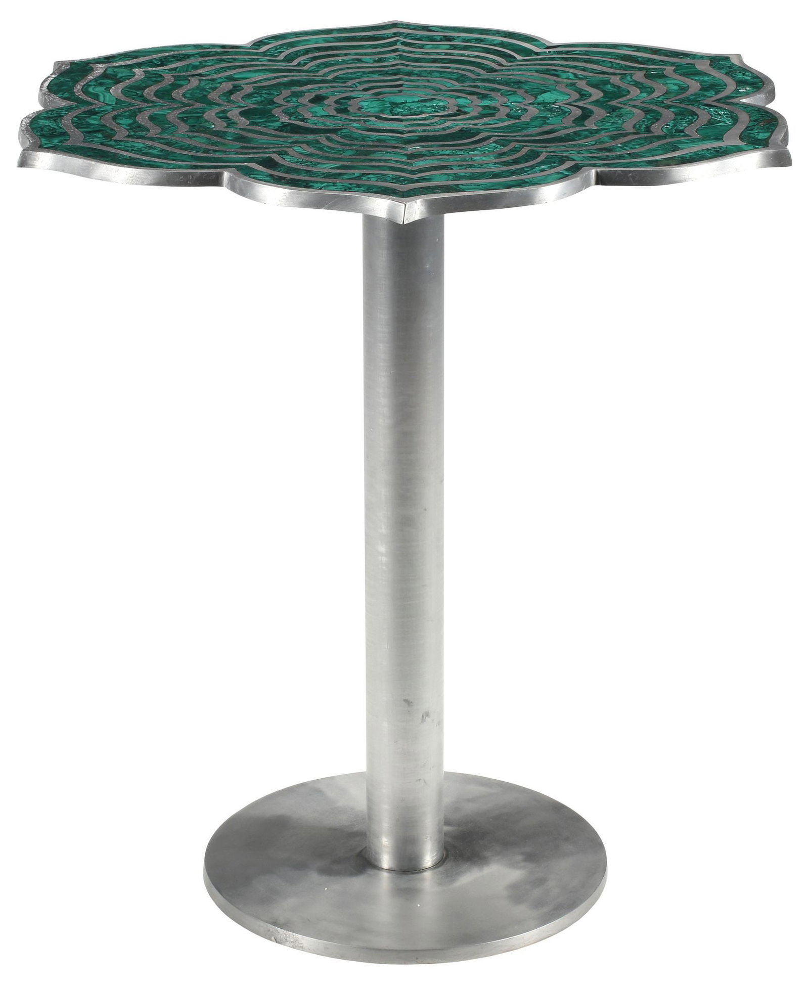 ART MODERNE STYLE MALACHITE-INLAID LOTUS-TOP PEDESTAL TABLE: Art Moderne style malachite and silver-tone metal lotus-form center table, having floriform top with radiating inlay, on smooth columnar standard, approx 30"h, 29.5"diam