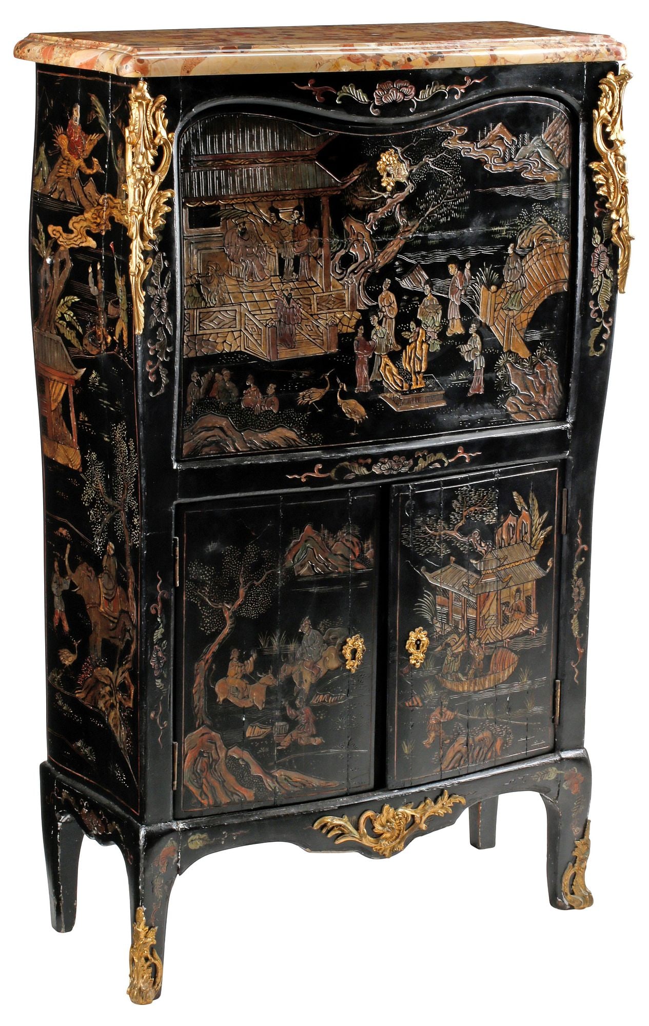 FRENCH CHINOISERIE MARBLE-TOP ORMOLU-MOUNTED FALL FRONT SECRETARY: French Louis XV style chinoiserie lacquered fall-front secretary, 19th c., with bronze dore mounts, having marble top, over fall-front cabinet revealing inset writing surface and interior gallery,