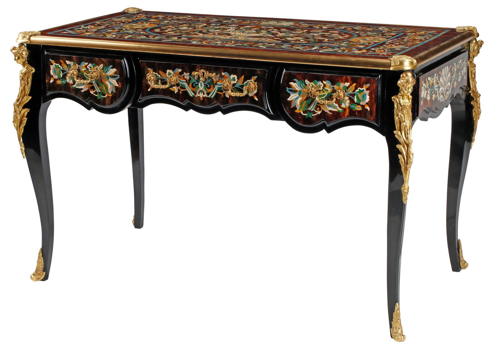 LOUIS XV STYLE ORMOLU-MOUNTED & POLYCHROME-INLAID BUREAU PLAT / DESK: Louis XV style writing desk/ bureau plat, having bronze dore mounts and polychrome floral inlays, fitted with three drawers, rising on cabriole legs, ending on sabots, finished on all sides, approx