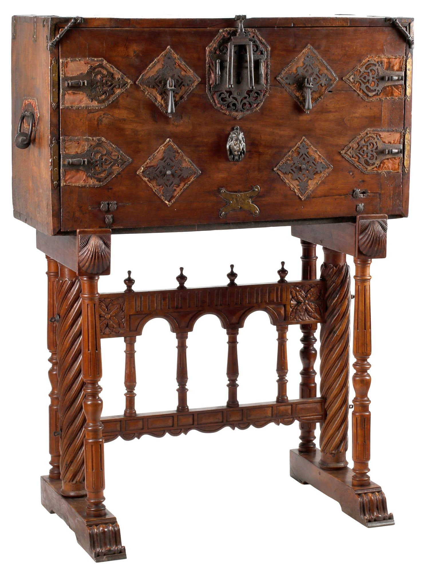 SPANISH BAROQUE IRON-MOUNTED WALNUT VARGUENO CABINET ON LATER STAND (1 of 8)