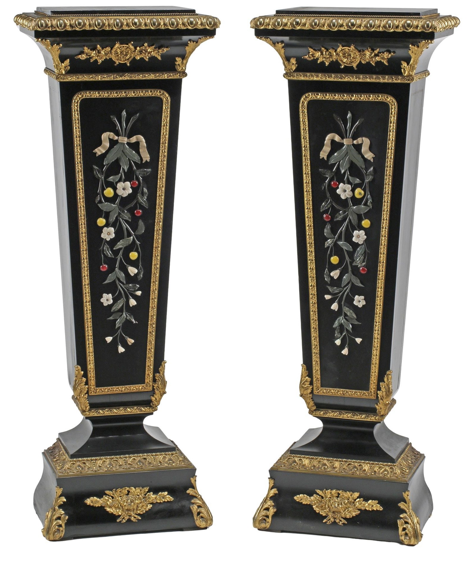 (2) FRENCH NAPOLEON III ORMOLU-MOUNTED & STONE-INLAID PEDESTALS: (pair) French Napoleon III period stone-inlaid pedestals/ display stands, 19th c., each with marble top and bronze dore mounts, over polychrome pietra dura floral sprays, rising on platform base, appr