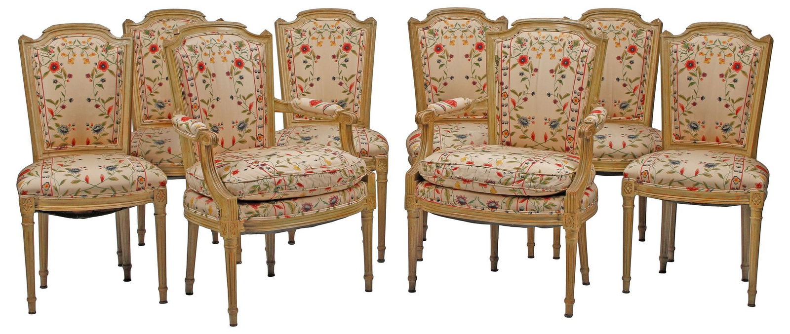 (8) LOUIS XVI STYLE FLORAL-UPHOLSTERED & PAINTED DINING CHAIRS: (lot of 8) Louis XVI style paint-decorated dining chairs, each in a worn floral-patterned upholstery, rising on tapering fluted legs, ending on arrow feet, including: (6) side chairs, approx 36.5"h, 1