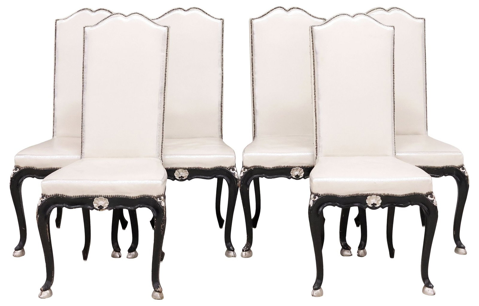 (6) ROCOCO STYLE HERMES LEATHER-UPHOLSTERED DINING CHAIRS, DALLAS PROVENANCE: (lot of 6) Rococo style black-painted dining chairs, late 19th c., each in a later worn white leather upholstery, attributed by consignor to Hermes, Paris, with silver-tone embossing and nailhead trim