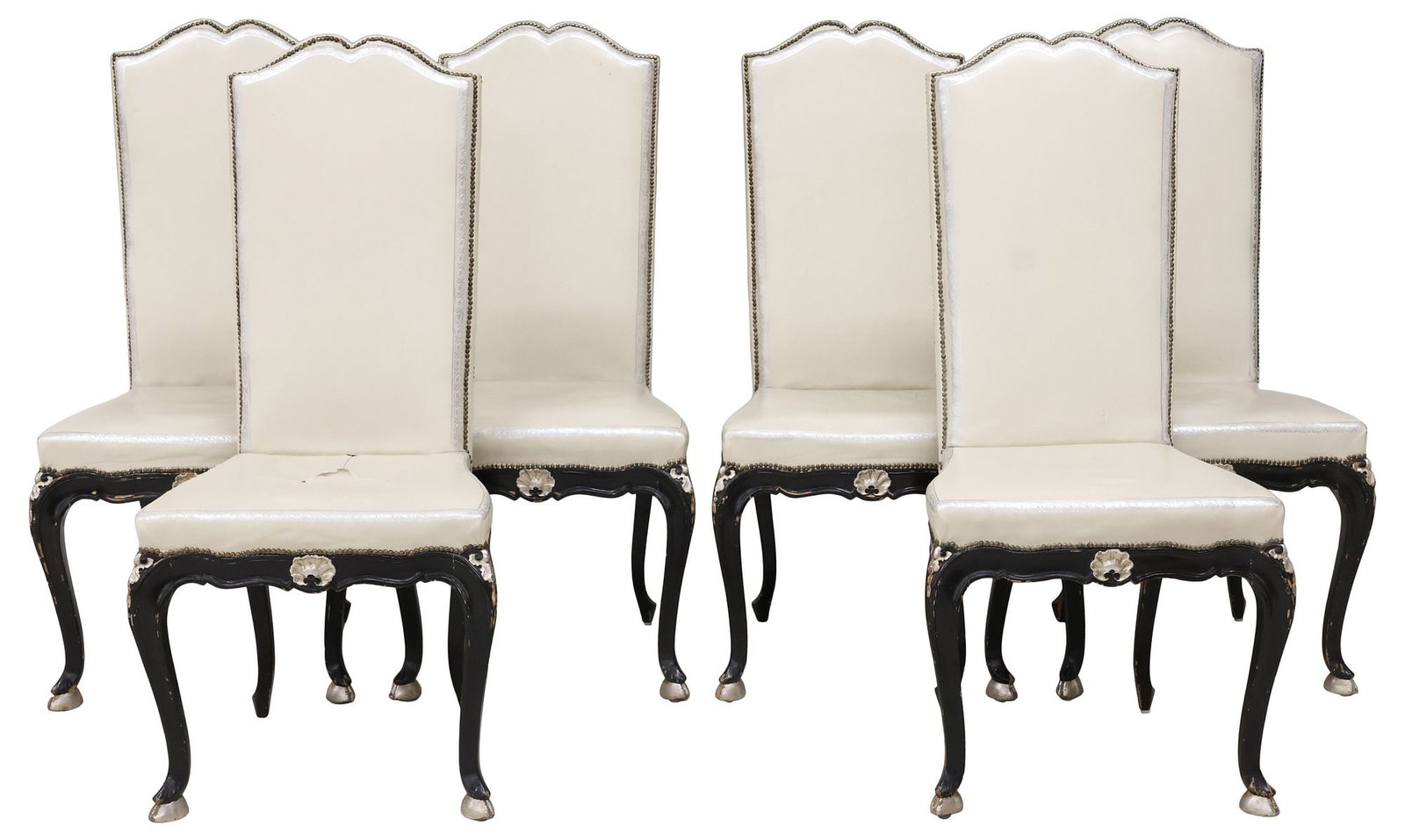 (6) ROCOCO STYLE HERMES LEATHER-UPHOLSTERED DINING CHAIRS, DALLAS PROVENANCE: (lot of 6) Rococo style black-painted dining chairs, late 19th c., each in a later worn white leather upholstery, attributed by consignor to Hermes, Paris, with silver-tone embossing and nailhead trim