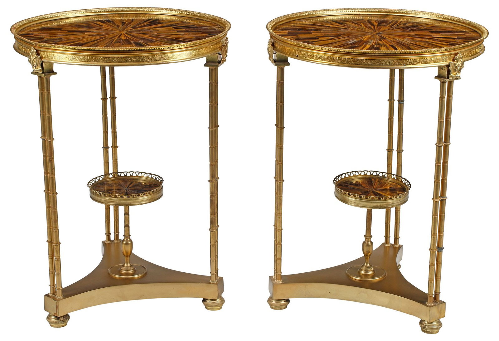 (2) NEOCLASSICAL STYLE TIGER'S EYE GEMSTONE-INLAID ORMOLU SIDE TABLES (1 of 5)