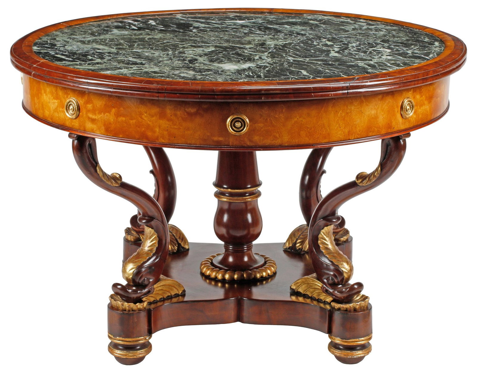 EMPIRE STYLE MARBLE-TOP PARCEL-GILT 'DOLPHIN' CENTER TABLE, 44"DIAM (1 of 4)