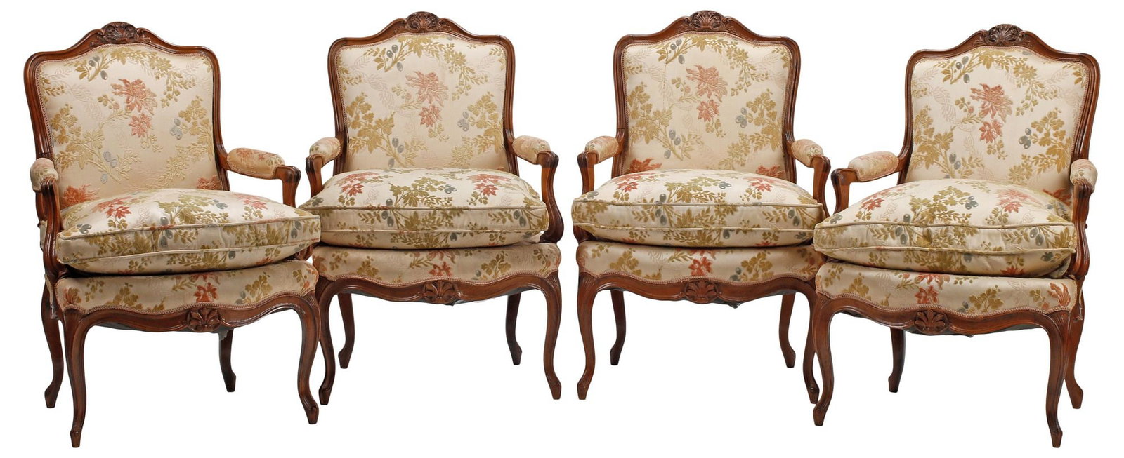 (4) FRENCH PROVINCIAL LOUIS XV STYLE SILK-UPHOLSTERED ARMCHAIRS: (lot of 4) French Provincial Louis XV style armchairs/ fauteuils, 19th c., each in floral-patterned silk damask upholstery, having scrolling foliate crest, above removable seat cushion, rising on cabr