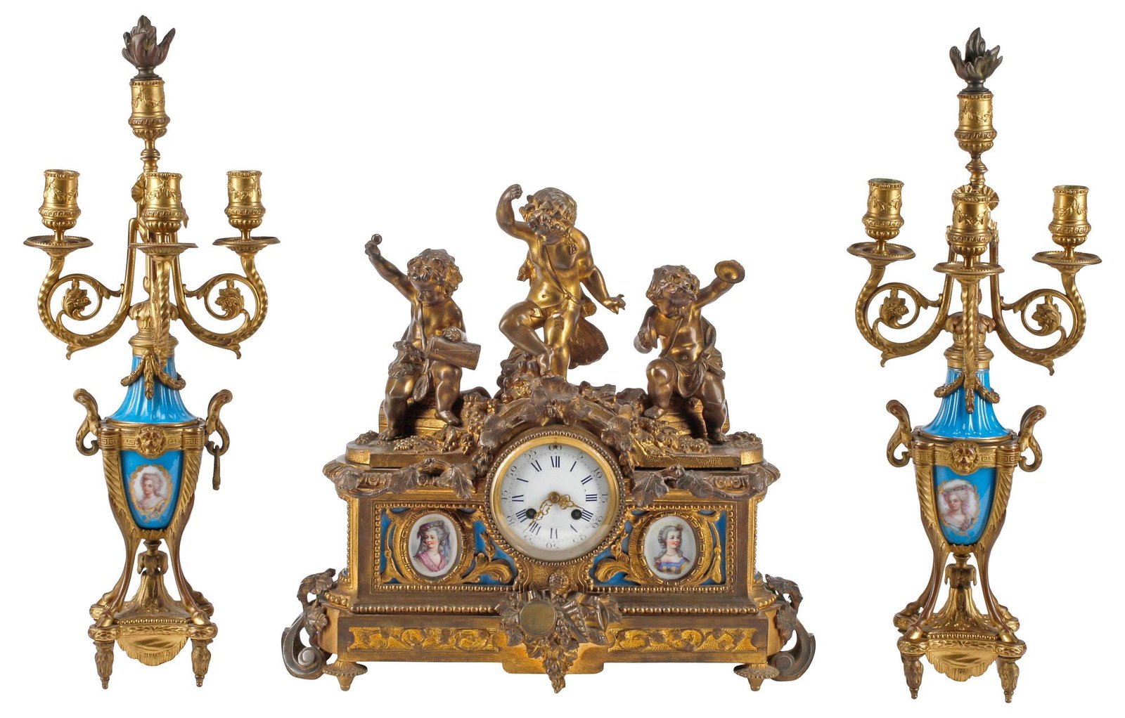 (3) FRENCH SEVRES STYLE ORMOLU & PORCELAIN MANTEL CLOCK & CANDELABRA GARNITURE SET: (lot of 3) French Sevres style bronze dore and porcelain mantel set, 19th c., each decorated with female portraits, including: (1) mantel clock, surmounted by three musical putti, central white dial w