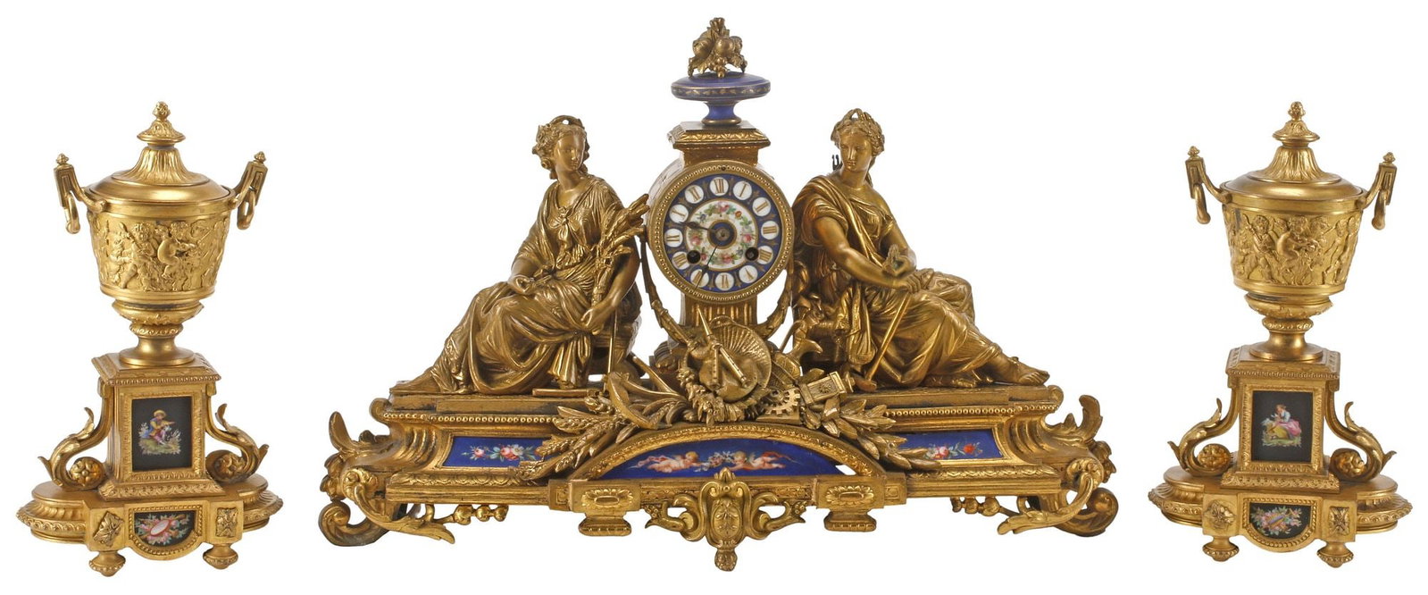(3) FRENCH LOUIS XVI STYLE ORMOLU & PORCELAIN MANTEL CLOCK & GARNITURE SET: (lot of 3) French Louis XVI style bronze dore mantel clock and garniture set, 19th c., comprising: (1) mantel clock, having scholarly instruments and trailing foliate motifs, flanked by draped allegor