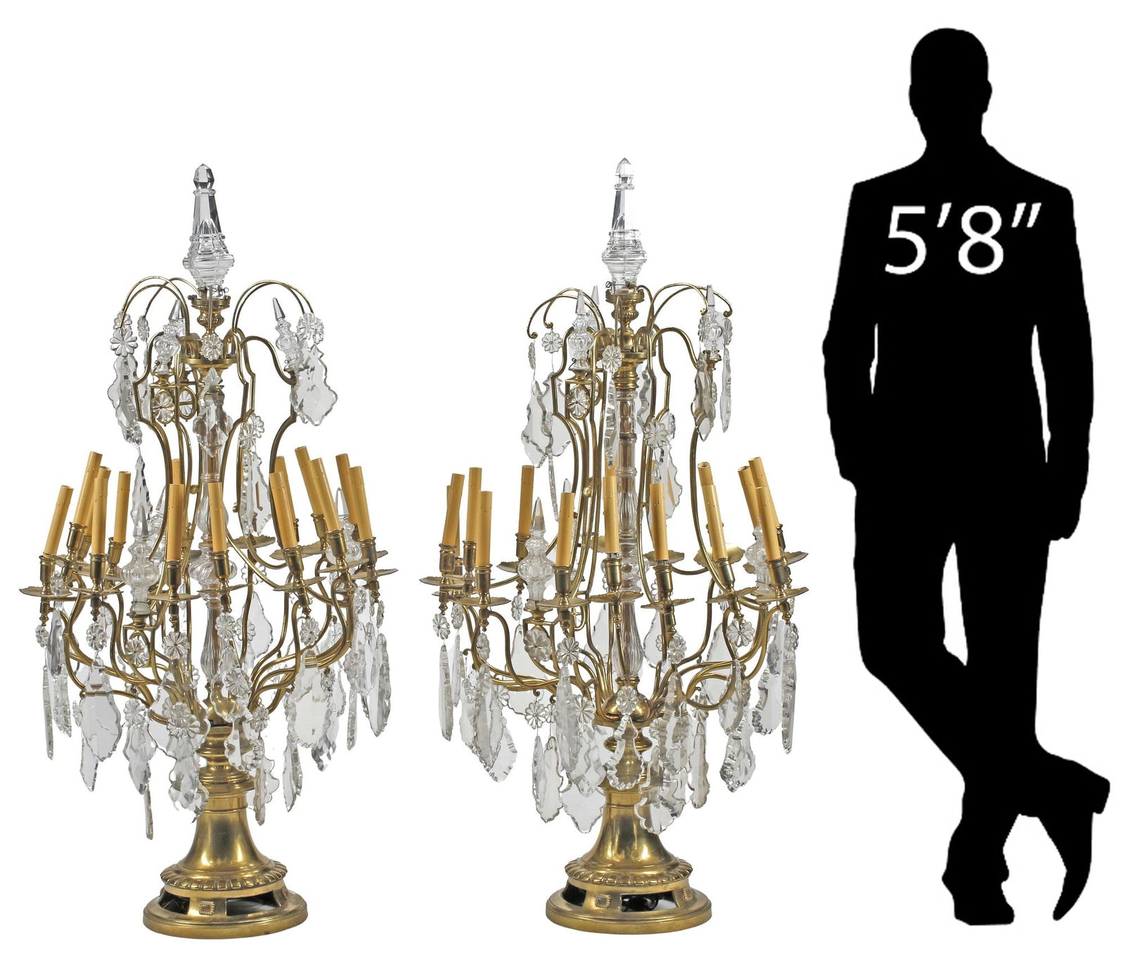 (2) MONUMENTAL FRENCH LOUIS XV STYLE ORMOLU & CRYSTAL 15-LIGHT CANDELABRAS, 53"H: (pair) Monumental French Louis XV style bronze and crystal fifteen-light girandole candelabras, 19th c., each having scrolled frame, issuing fifteen faux candles, hung with faceted crystal drops, obse