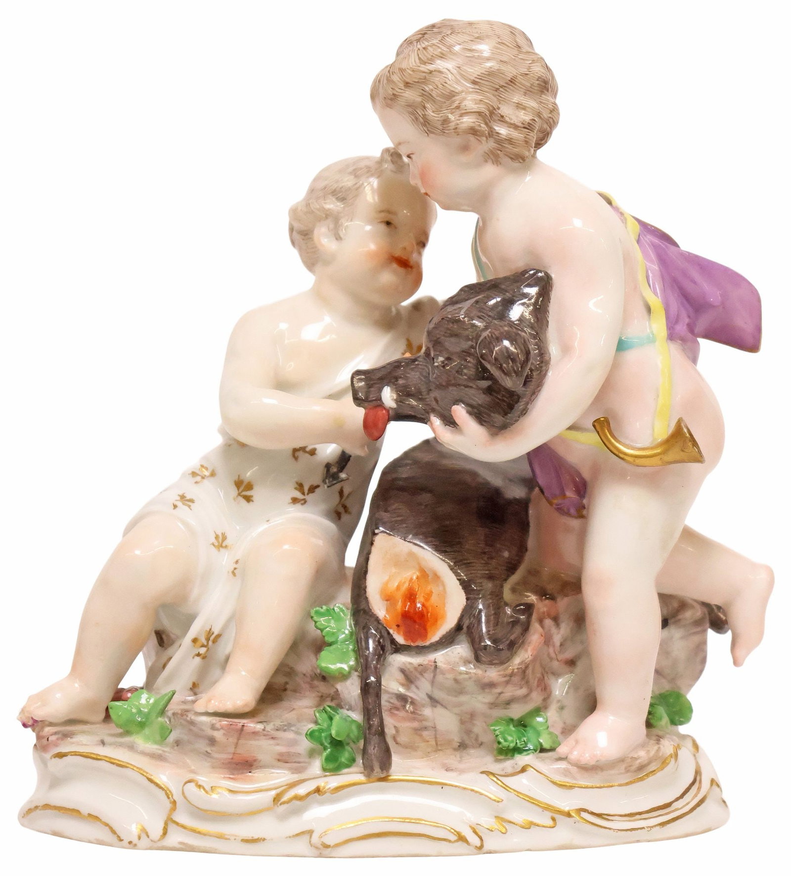 FINE MEISSEN (ATTRIB) PORCELAIN FIGURAL GROUP, CHERUBS HUNTING BOAR (1 of 5)
