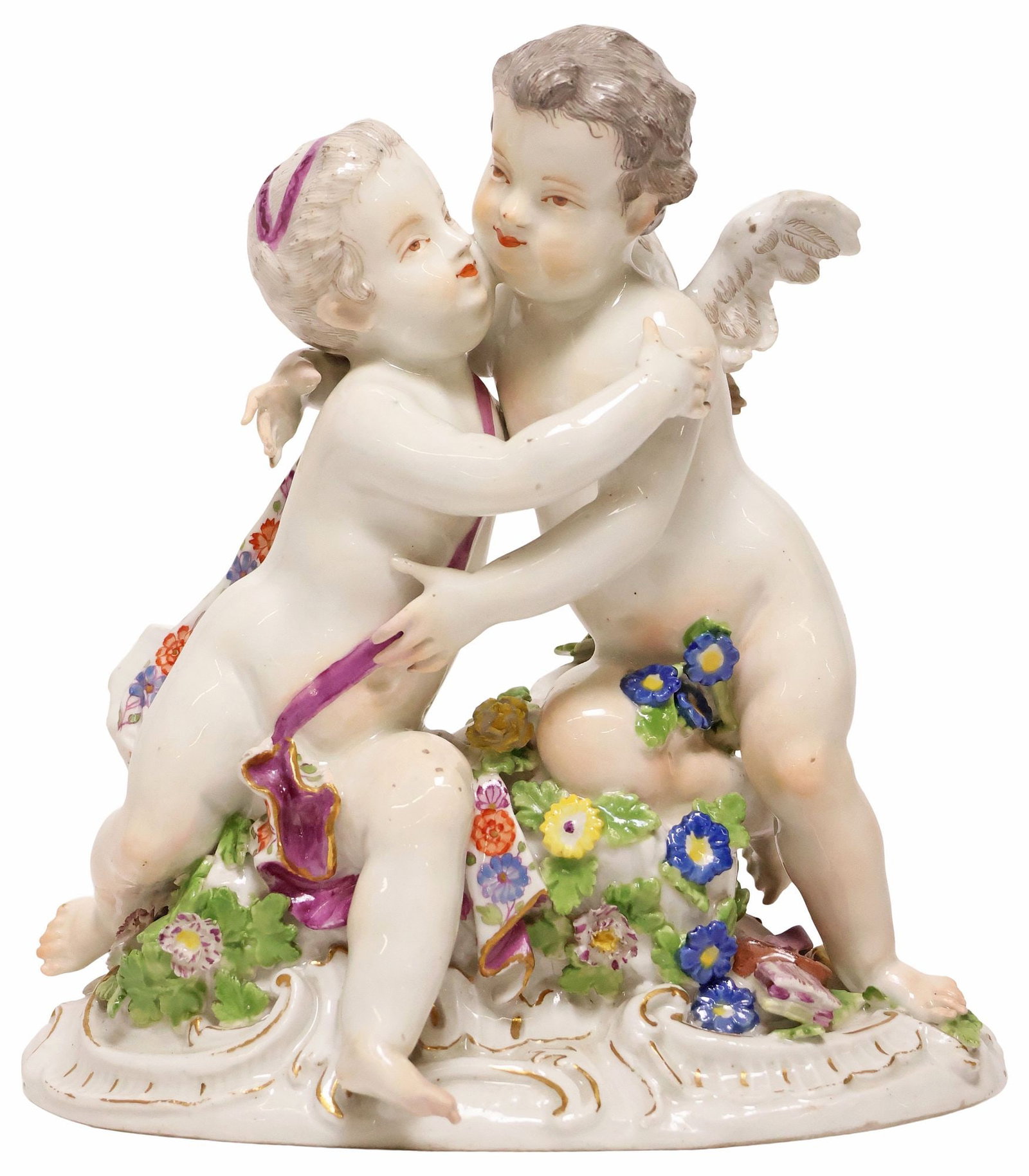 FINE MEISSEN (ATTRIB) PORCELAIN FIGURAL GROUP AFTER MEISSEN, TWO CUPIDS KISSING (1 of 5)