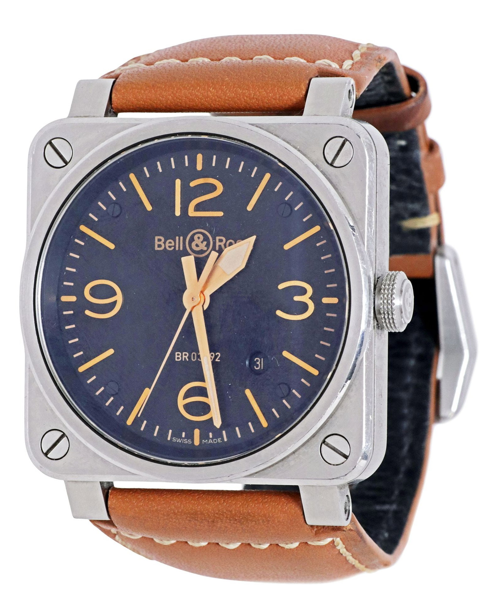 BELL & ROSS GOLDEN HERITAGE AVIATION WRIST WATCH, B0X & PAPERS: Bell & Ross Golden Heritage Aviation Wrist Watch BR03-93, Movement: BR-Cal.302, 39mm case, black dial with gilt number markers, minutes, hours, seconds hands, and date, sapphire crystal, brown calf sk