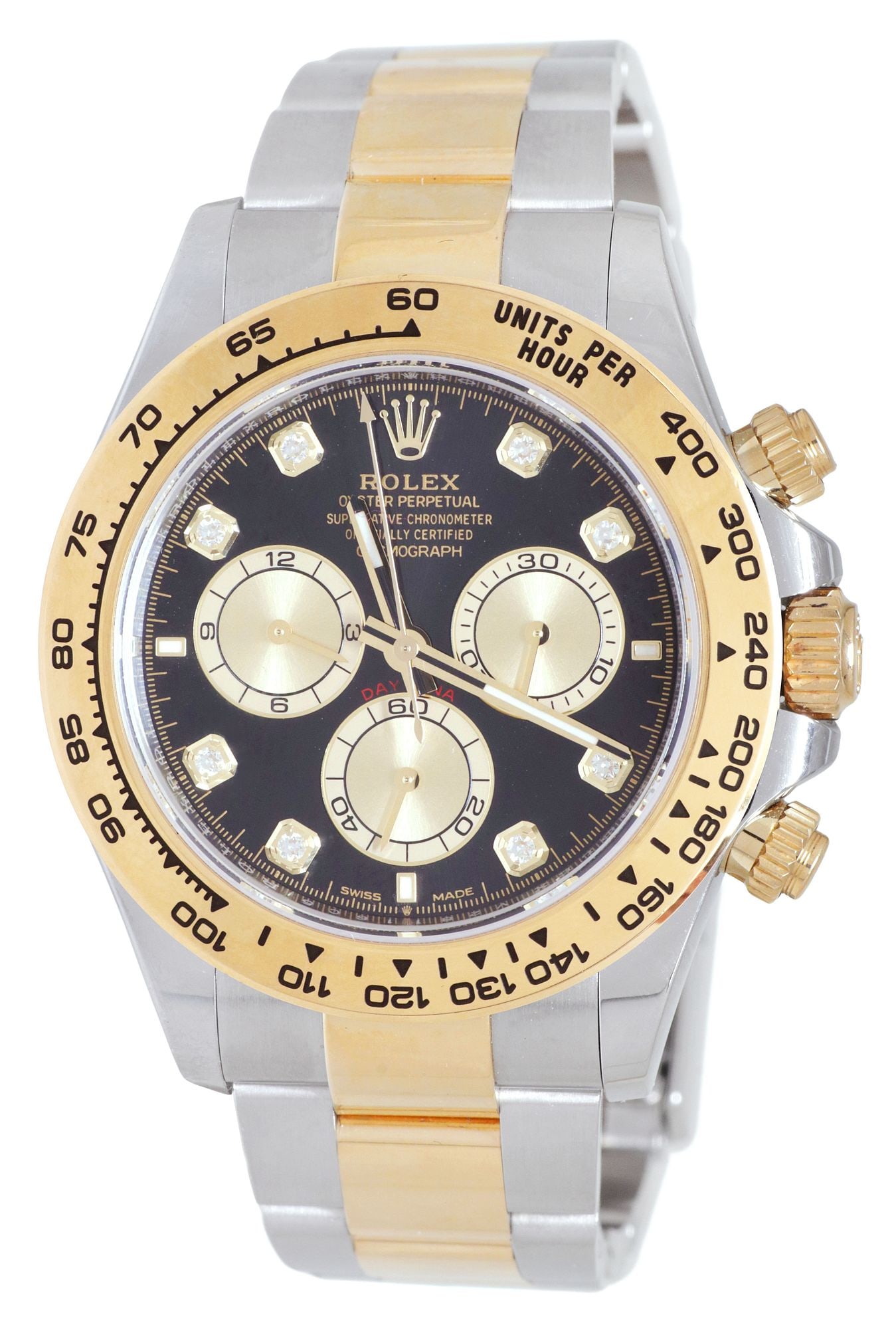 ESTATE ROLEX OYSTER PERPETUAL COSMOGRAPH DAYTONA 18KT GOLD & STEEL WATCH: Estate Rolex Oyster Perpetual Cosmograph Daytona gent's wristwatch, reference number 126503, having 18kt yellow gold bezel with tachymetric scale, Oystersteel case, black dial set with (eight) small d