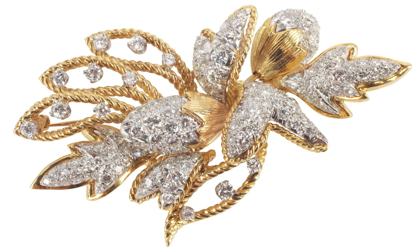 ESTATE VINTAGE 18KT YELLOW GOLD & DIAMOND ARTICULATED ACORN BROOCH: Vintage 18kt yellow gold (tested) foliated acorn brooch, leafy stem featuring two articulated acorns, numerous round-cut diamonds set in platinum, approx 5.20cttw, average color: H-I, average clarity: