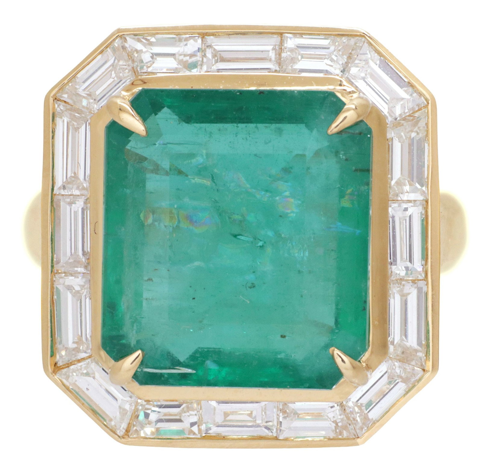 FINE ESTATE 18KT YELLOW GOLD, 6.22CT EMERALD & 1.50CTTW DIAMOND RING: Estate 18kt yellow gold (tested) and gemstone ring, an emerald-cut emerald, approx 6.22cts, framed by an octagonal surround of baguette-cut diamonds, approx 1.50cttw, average color: G-H, average clari