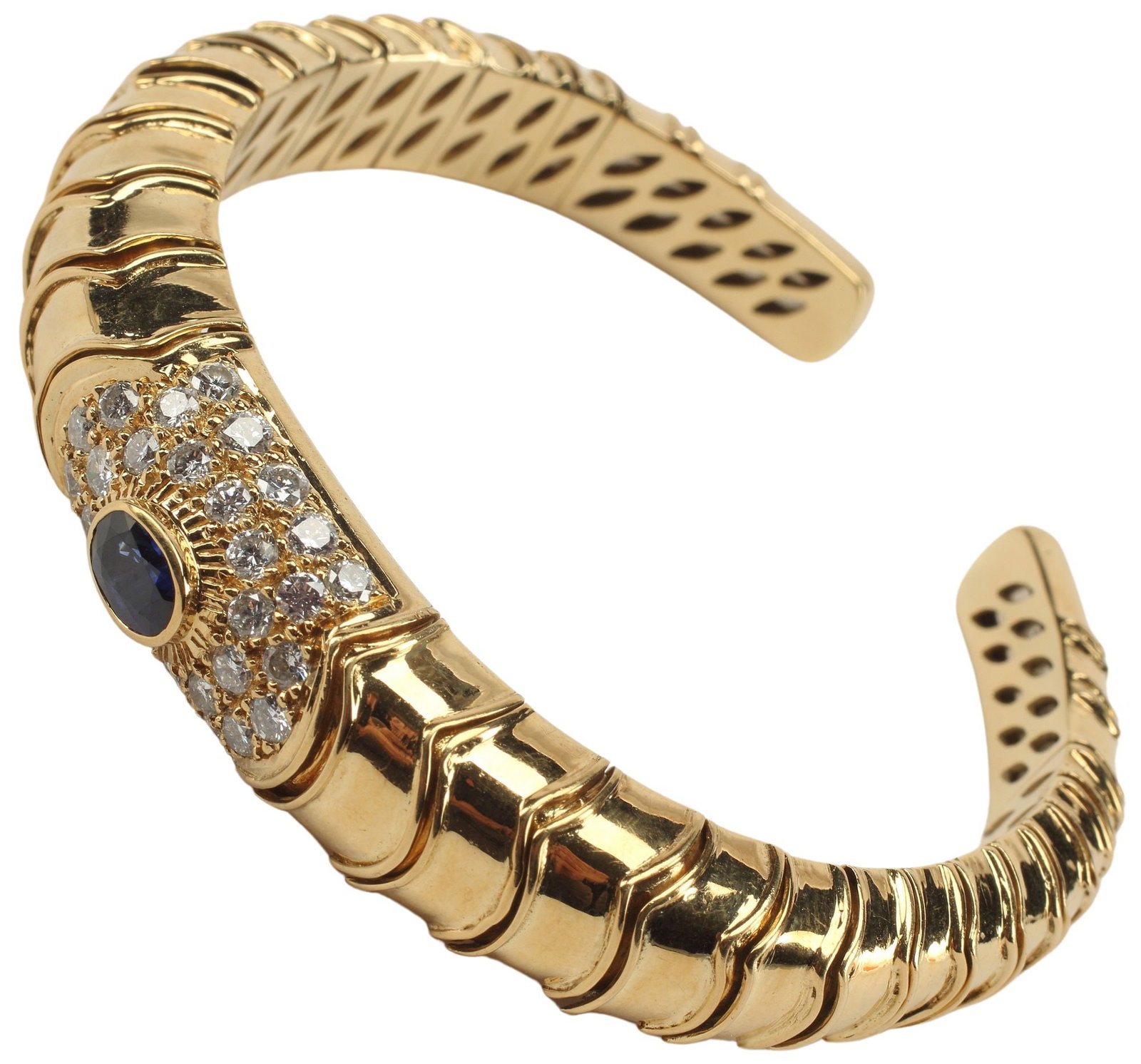 ESTATE 18KT YELLOW GOLD, SAPPHIRE & DIAMOND FLEX CUFF BRACELET, 59.8 GRAMS (1 of 3)