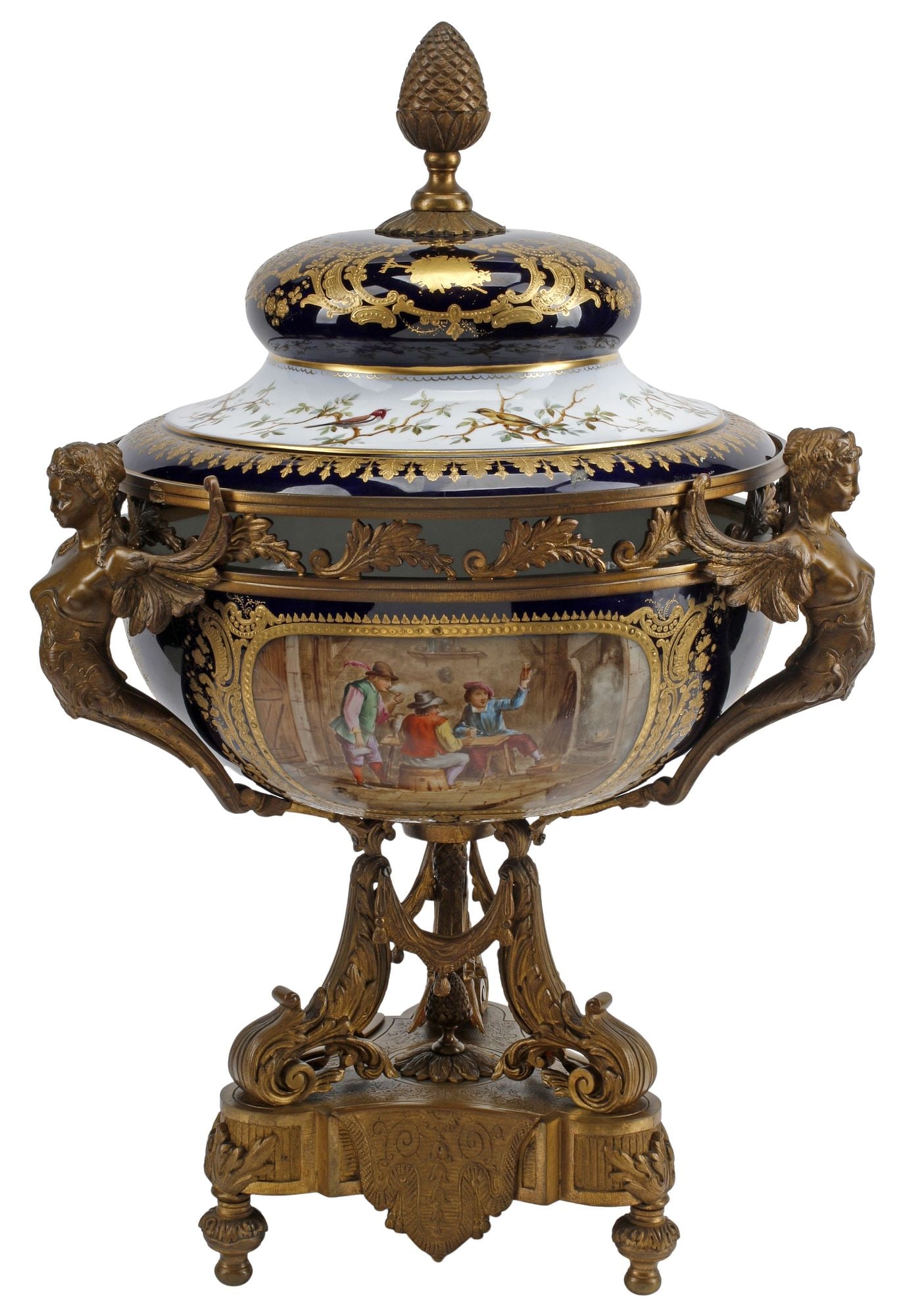 FRENCH SEVRES STYLE ORMOLU-MOUNTED PORCELAIN CENTERPIECE BOWL, 27"H: Large French Sevres style parcel-gilt porcelain centerpiece bowl, signed Moreau, 19th c., with bronze dore mounts, domed cover with pineapple finial, above winged caryatid handles, hand-painted reserv
