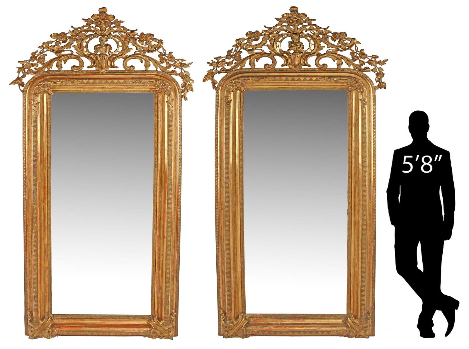 (2) MONUMENTAL FRENCH LOUIS XVI STYLE GILTWOOD PORTRAIT MIRRORS, 103"H: (pair) Palatial French Louis XVI style giltwood mirrors, 19th c., each having scrolling foliate crest with central portrait bust, over arched frame, encasing beveled mirror plate, approx 103"h, 46"w, 