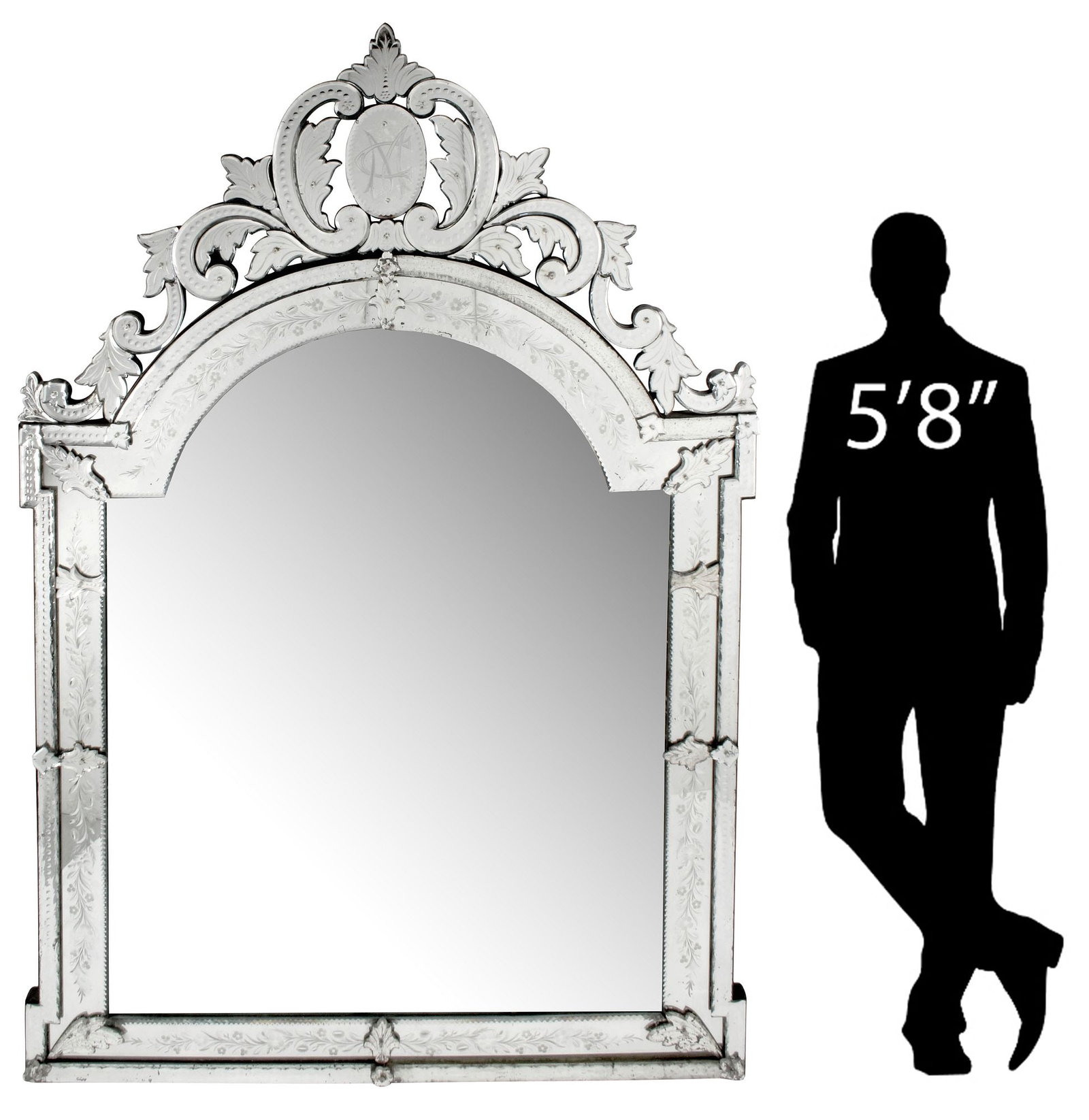 MONUMENTAL VENETIAN-STYLE ETCHED GLASS MIRROR, 90" X 60" (1 of 8)