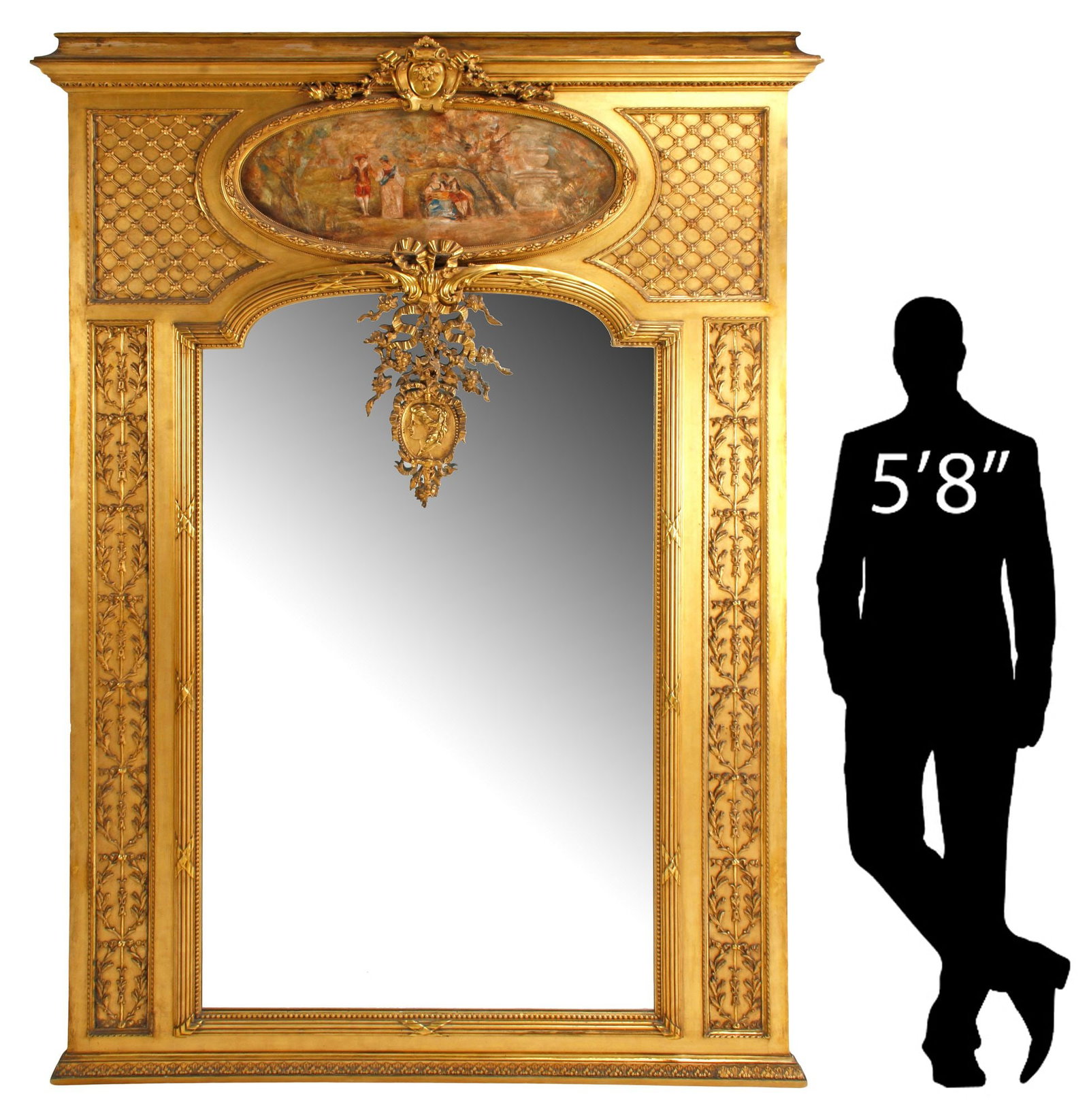 MONUMENTAL FRENCH LOUIS XVI STYLE GILTWOOD TRUMEAU MIRROR, 114"H (1 of 7)