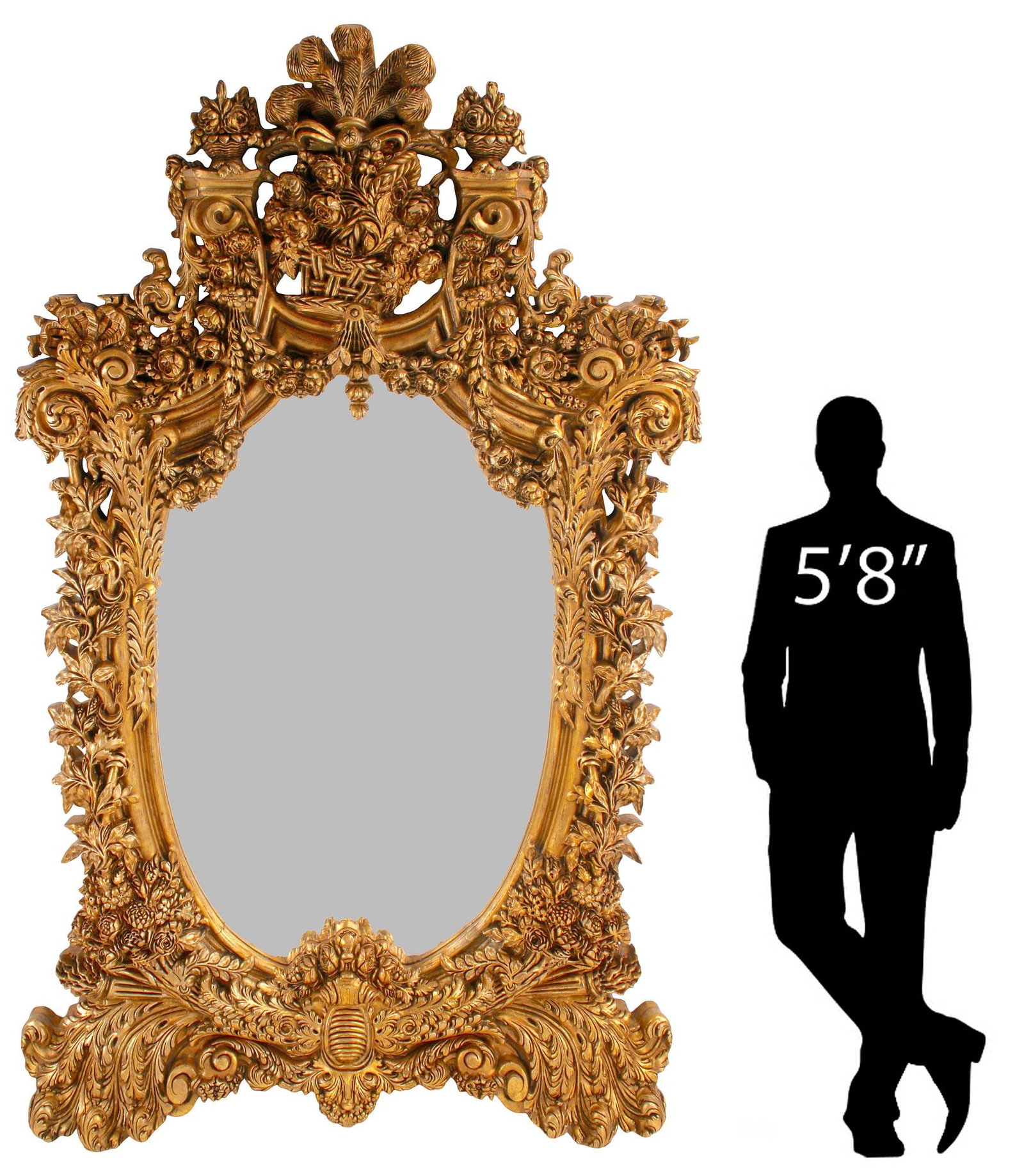 MONUMENTAL ROCOCO STYLE GILT FOLIATE WALL MIRROR, 108"H: Palatial Rococo style parcel-gilt wall mirror, having fanned crest with flowering baskets and draped foliate swag, above oval frame with molded flowers, ribbons, and torch motifs, centering flat mirro