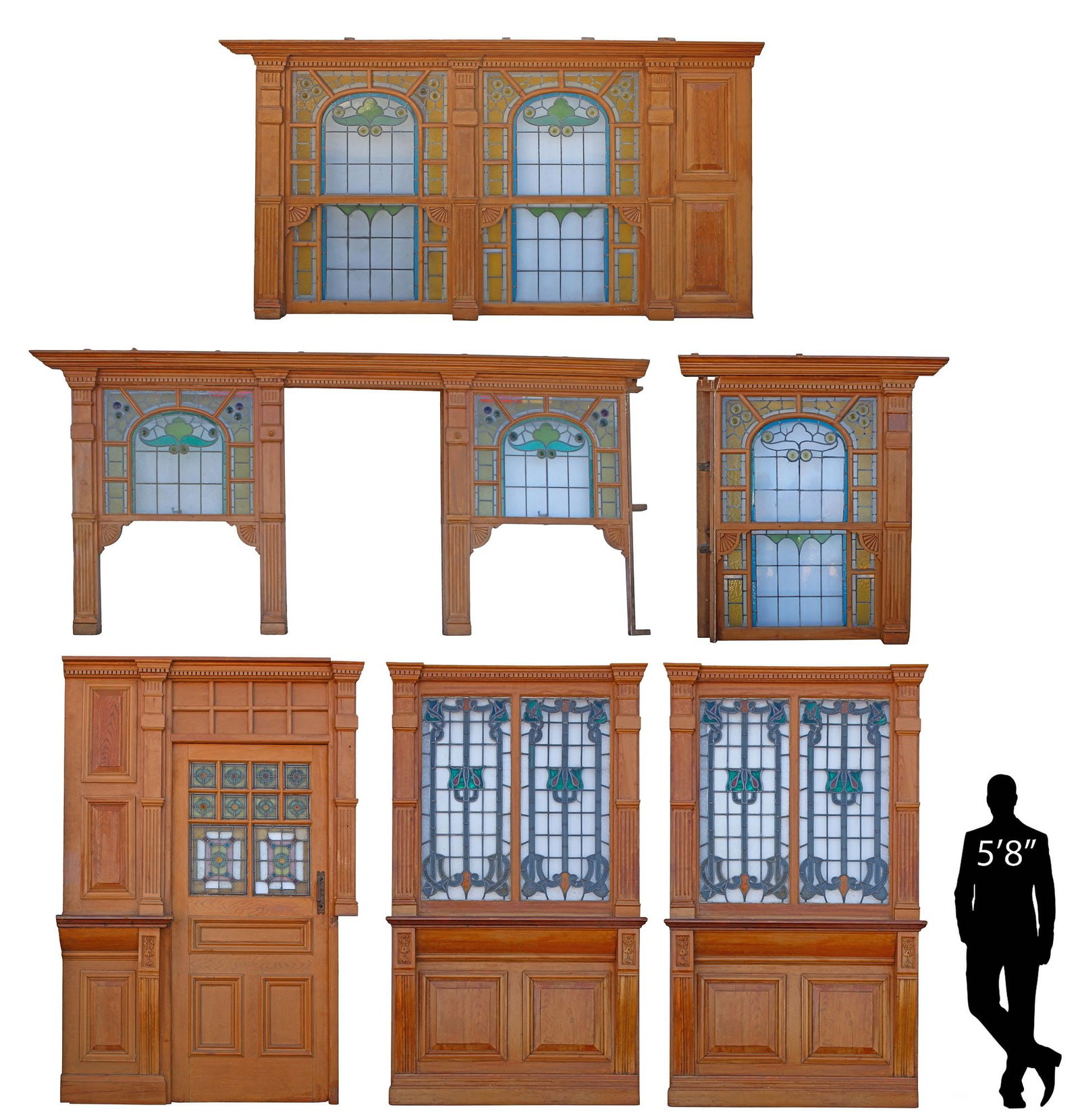 (6) MONUMENTAL ARCHITECTURAL STAINED GLASS & CARVED WOOD BOISERIE PANELS: (lot of 6) Monumental architectural carved wood Boiserie panels, each with stained and leaded glass windows, panels intact with typical hairlines, including: (2) with protruding shelf, approx 102"