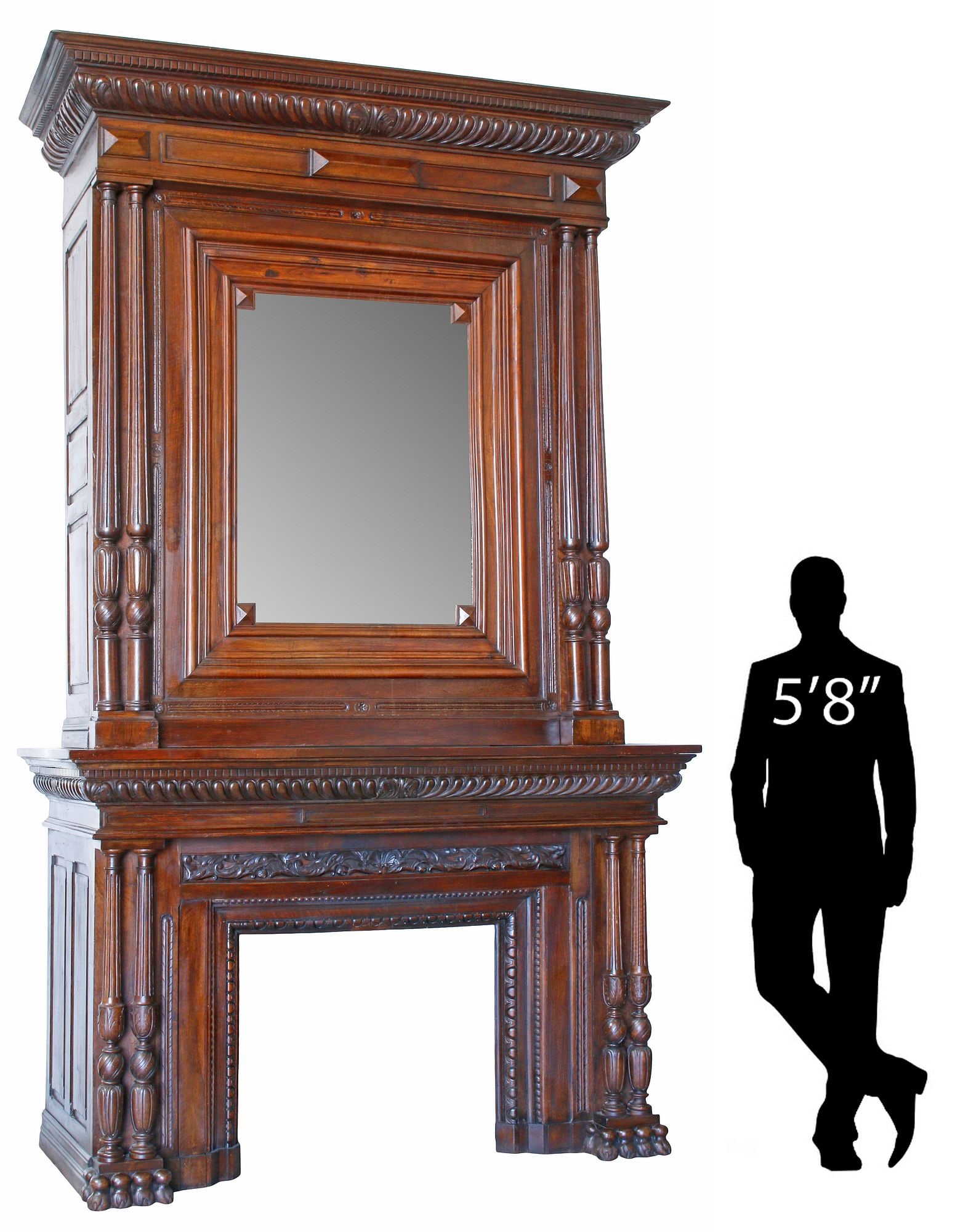 FRENCH RENAISSANCE STYLE MIRRORED MAHOGANY FIREPLACE MANTEL, 144"H (1 of 7)
