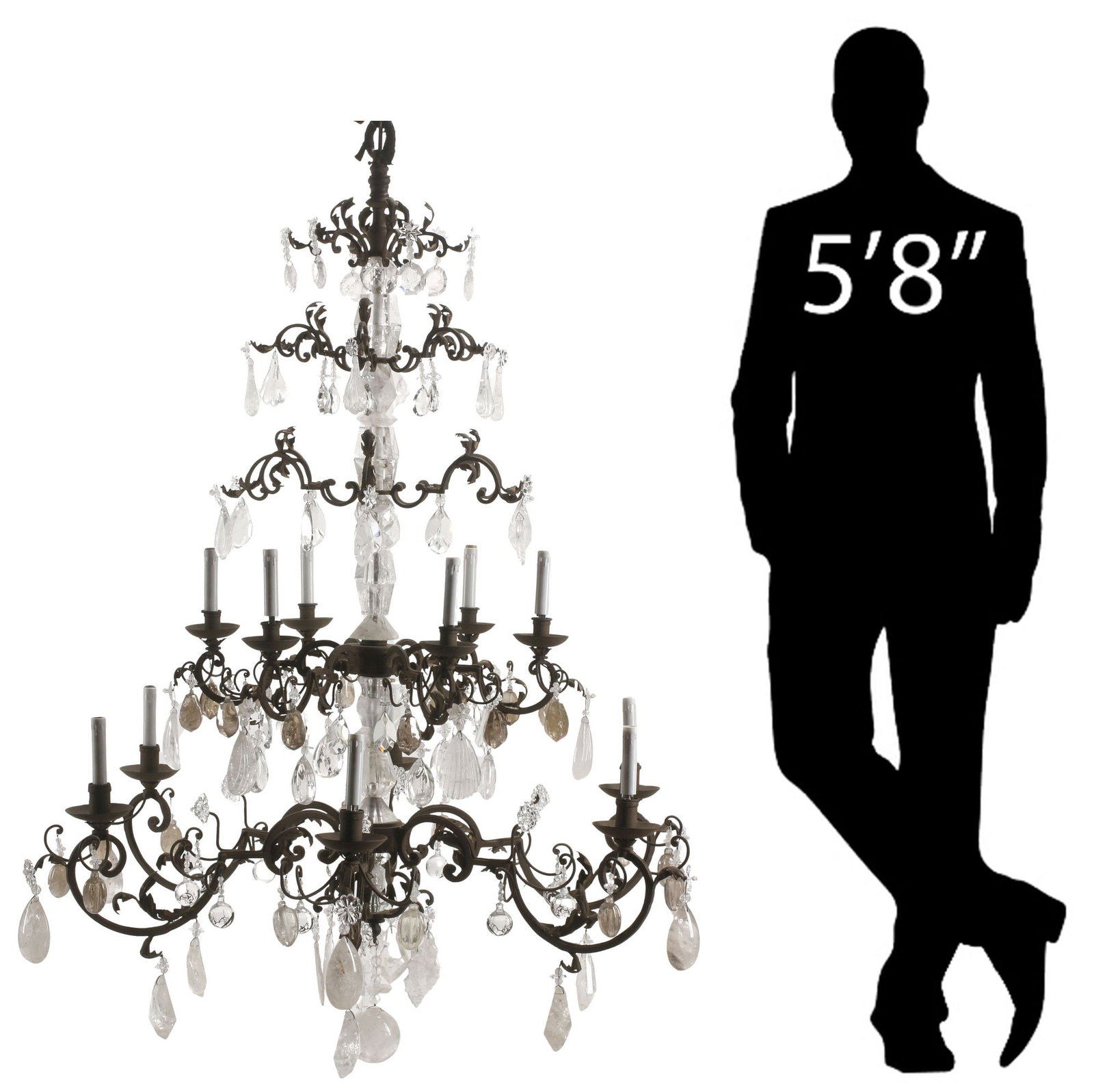 MONUMENTAL ROCOCO STYLE TIERED ROCK CRYSTAL 12-LIGHT CHANDELIER, 59"H: Monumental Rococo style patinated metal twelve-light chandelier, having five graduated tiers with scrolled arms, hung with rock crystal and smoky quartz drops, flared bobeches terminating on faux cand