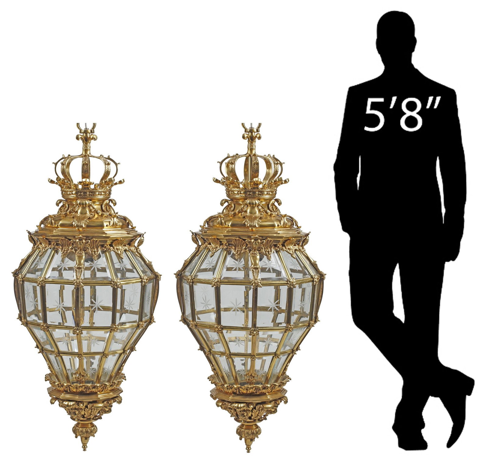 (2) LARGE NEOCLASSICAL STYLE ORMOLU & GLASS 3-LT 'VERSAILLES' LANTERNS, 47"H (1 of 9)
