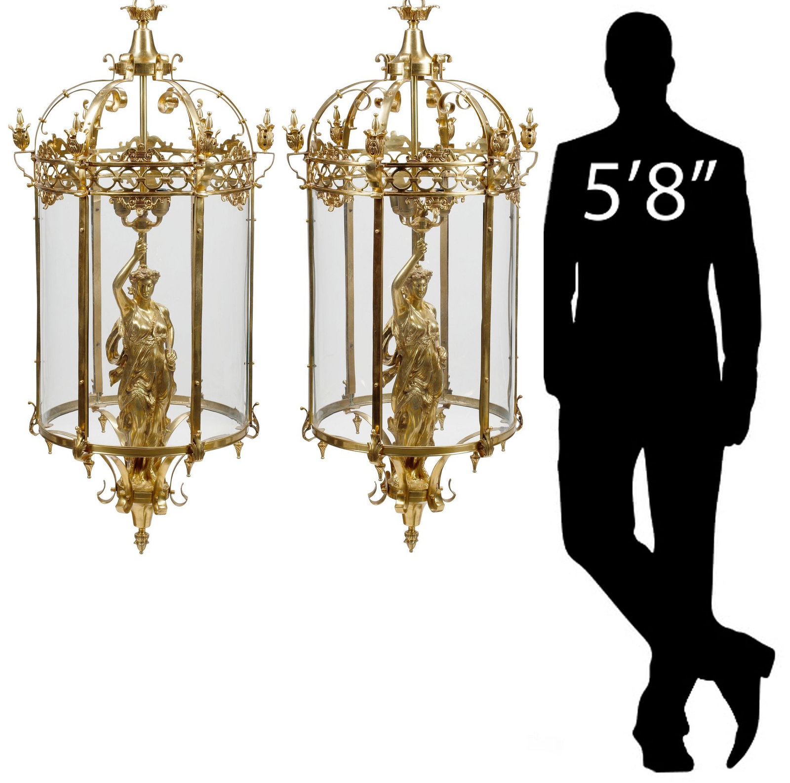 (2) LARGE LOUIS XVI STYLE ORMOLU & GLASS FIGURAL 4-LT LANTERNS, 50"H (1 of 7)