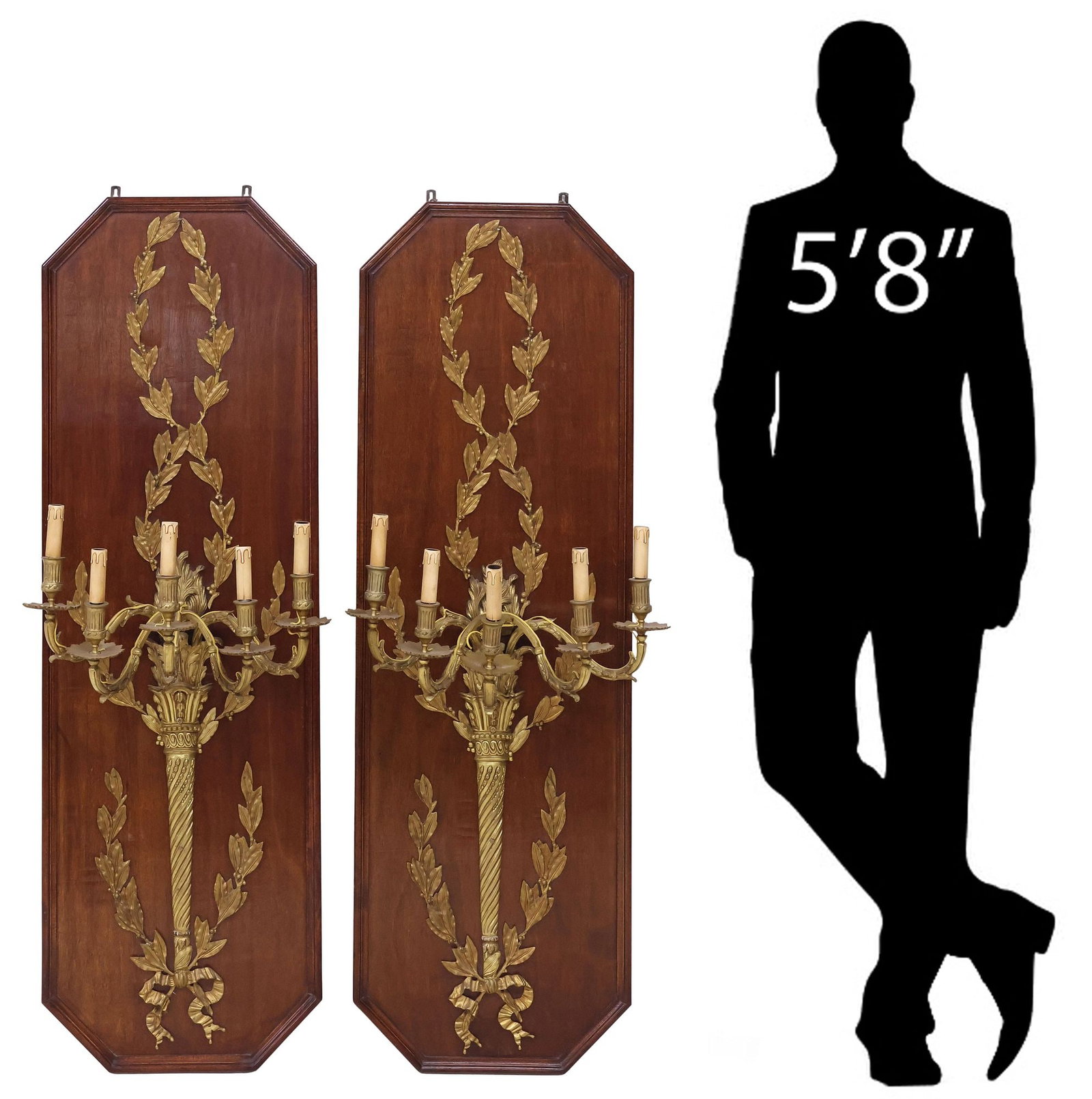 (2) PALATIAL LOUIS XVI STYLE ORMOLU & MAHOGANY 5-LT WALL SCONCES, 59"H: (pair) Large Louis XVI style bronze dore and mahogany five-light wall sconces, early 20th c., elongated hexagonal backboard, with torch-form and foliate mounts, issuing scrolled arms, terminating at f