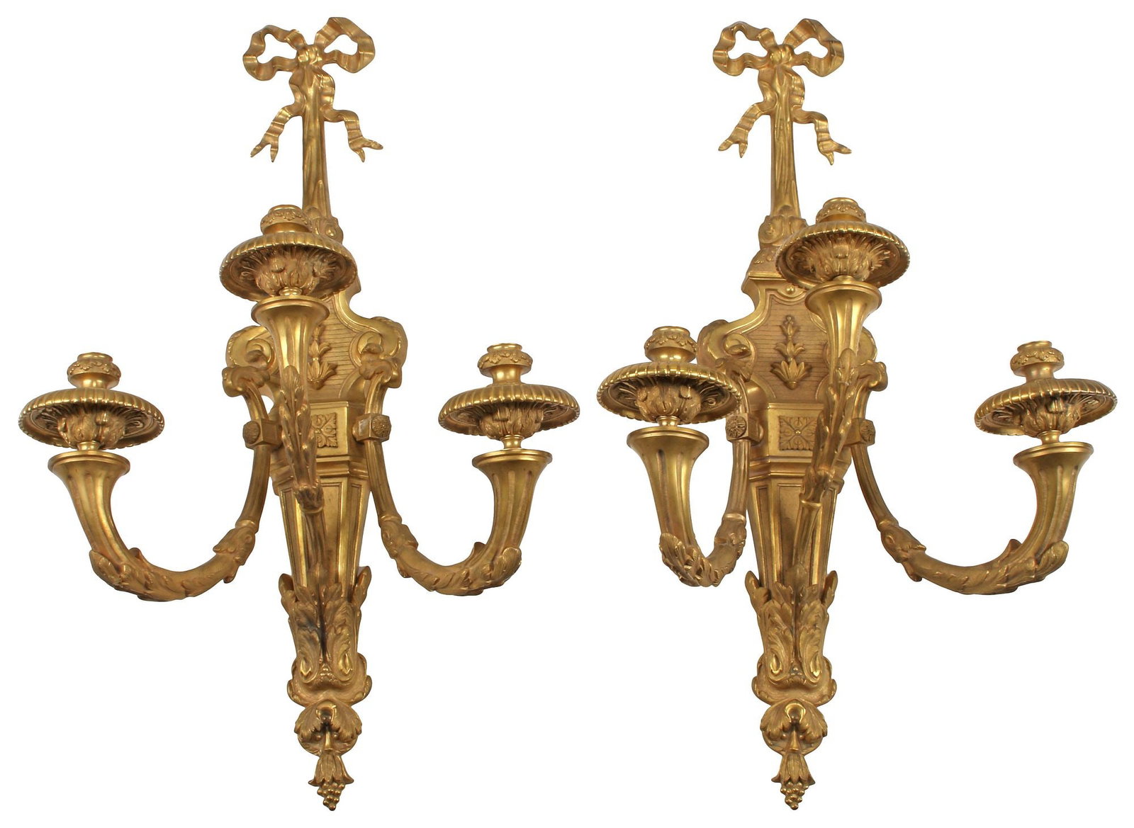 (2) LARGE LOUIS XVI STYLE ORMOLU 3-LIGHT WALL SCONCES, 35.5"H (1 of 6)