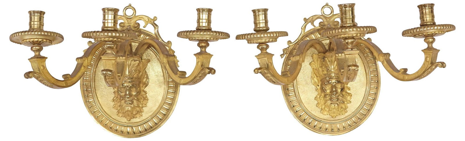 (2) MANNER OF ANDRE-CHARLES BOULLE (FRENCH, D.1732) ORMOLU 3-LT SCONCES: (pair) Fine French Louis XIV style gilt-bronze three-light wall sconces, in the manner of Andre-Charles Boulle (French, 1642-1732), early 20th c., each having oval wall plate with foliate crest and ga