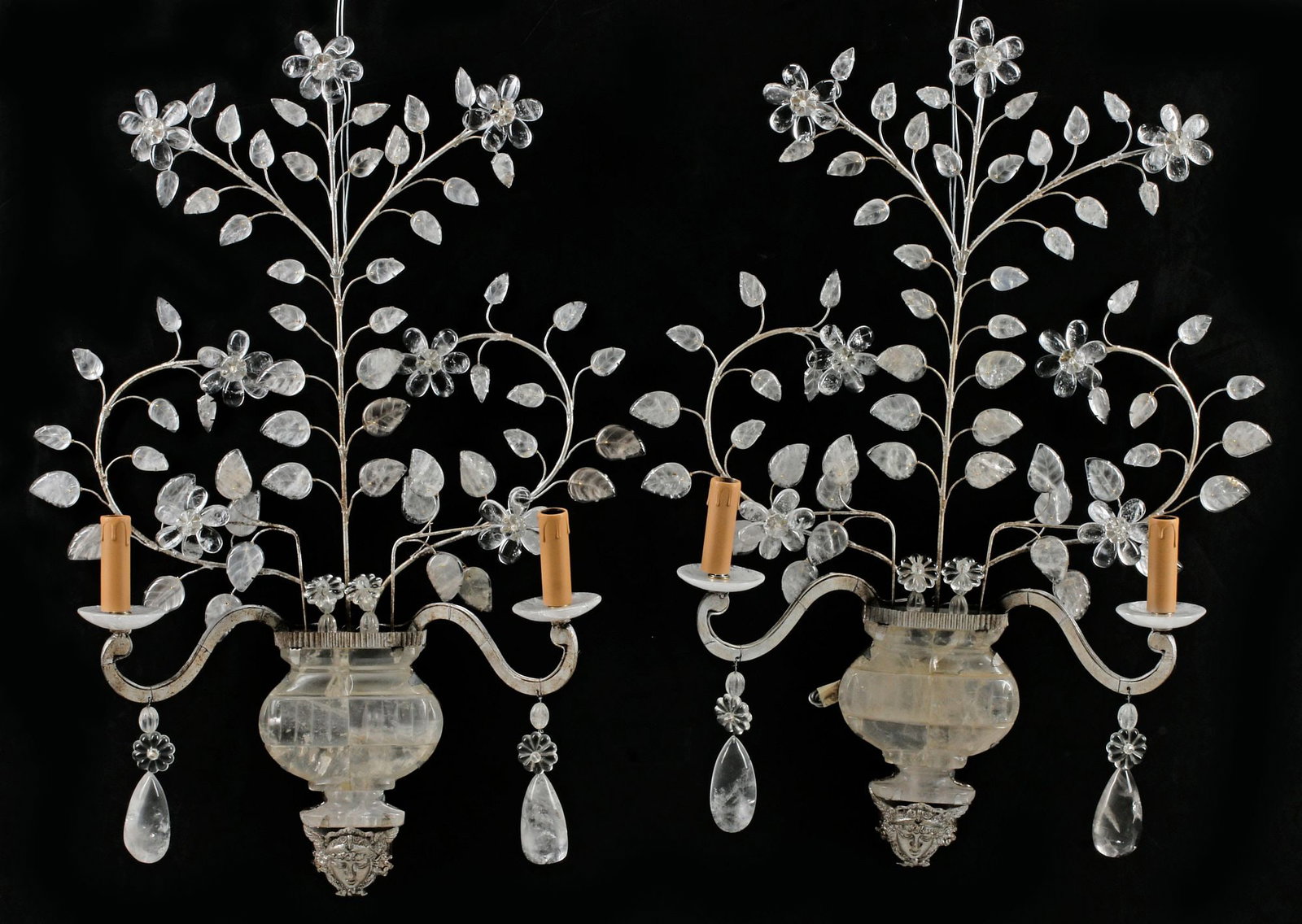 (2) MAISON BAGUES STYLE ROCK CRYSTAL FOLIATE 2-LIGHT WALL SCONCES: (pair) Maison Bagues style metal and rock crystal two-light wall sconces, each having vasiform body, issuing scrolled arms and foliate branches, in need of wiring, approx 32"h, 19"w, 6"d, 21.25lbs tot