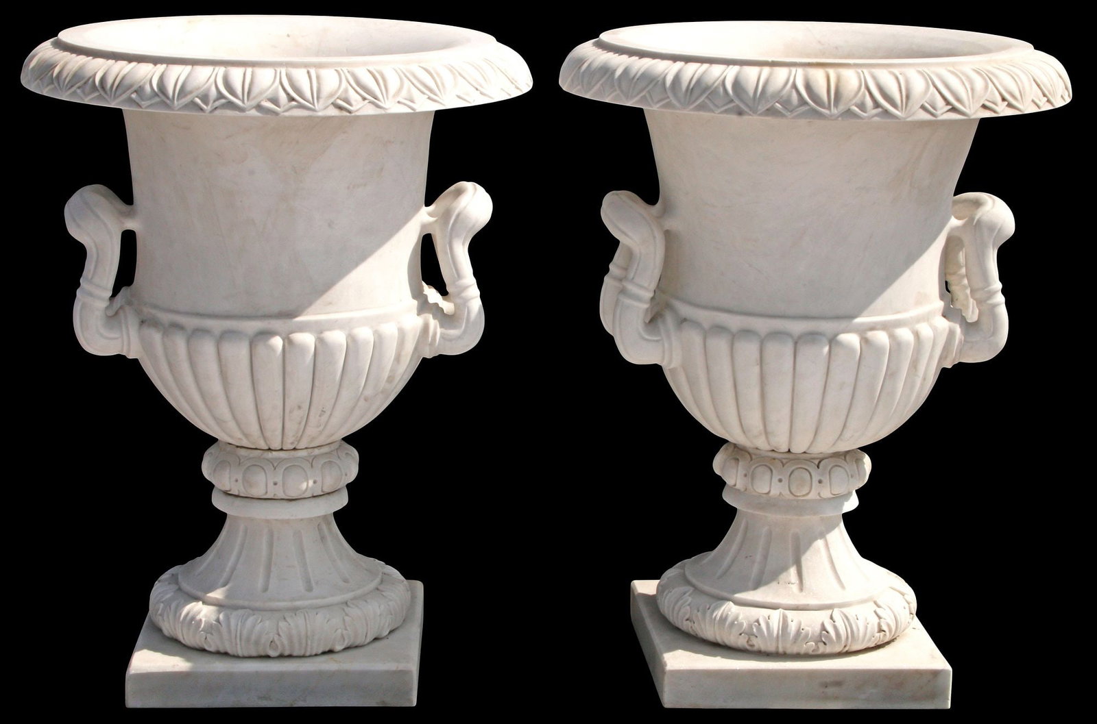 (2) NEOCLASSICAL STYLE CARVED MARBLE CAMPANA-FORM GARDEN URNS, 40"H (1 of 5)