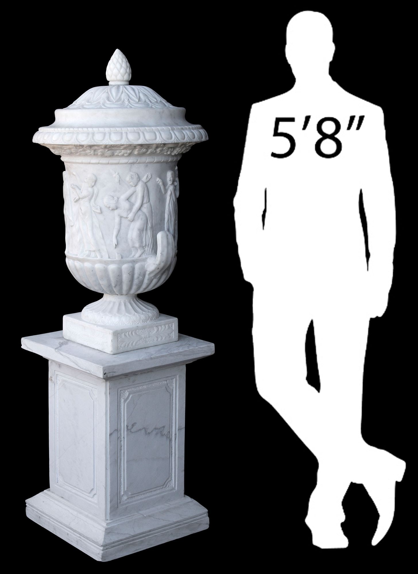 LARGE NEOCLASSICAL STYLE CARVED MARBLE GARDEN URN ON PEDESTAL, 58"H (1 of 6)