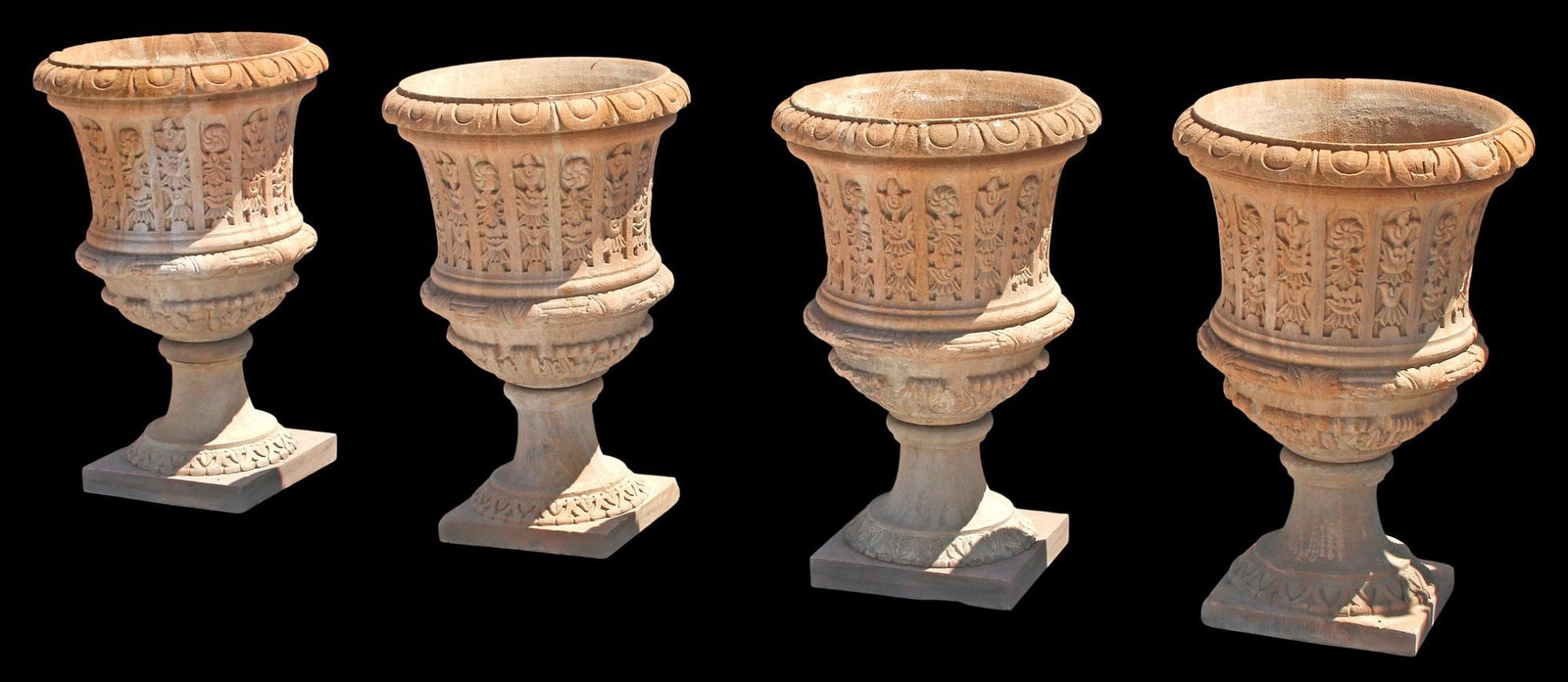 (4) NEOCLASSICAL STYLE CARVED STONE CAMPANA-FORM GARDEN URNS: (lot of 4) Neoclassical style carved stone campana-form garden urns, each having flared rim with egg-and-dart trim, fluted body with raised foliate and floral motifs, on tapering socle and square plat