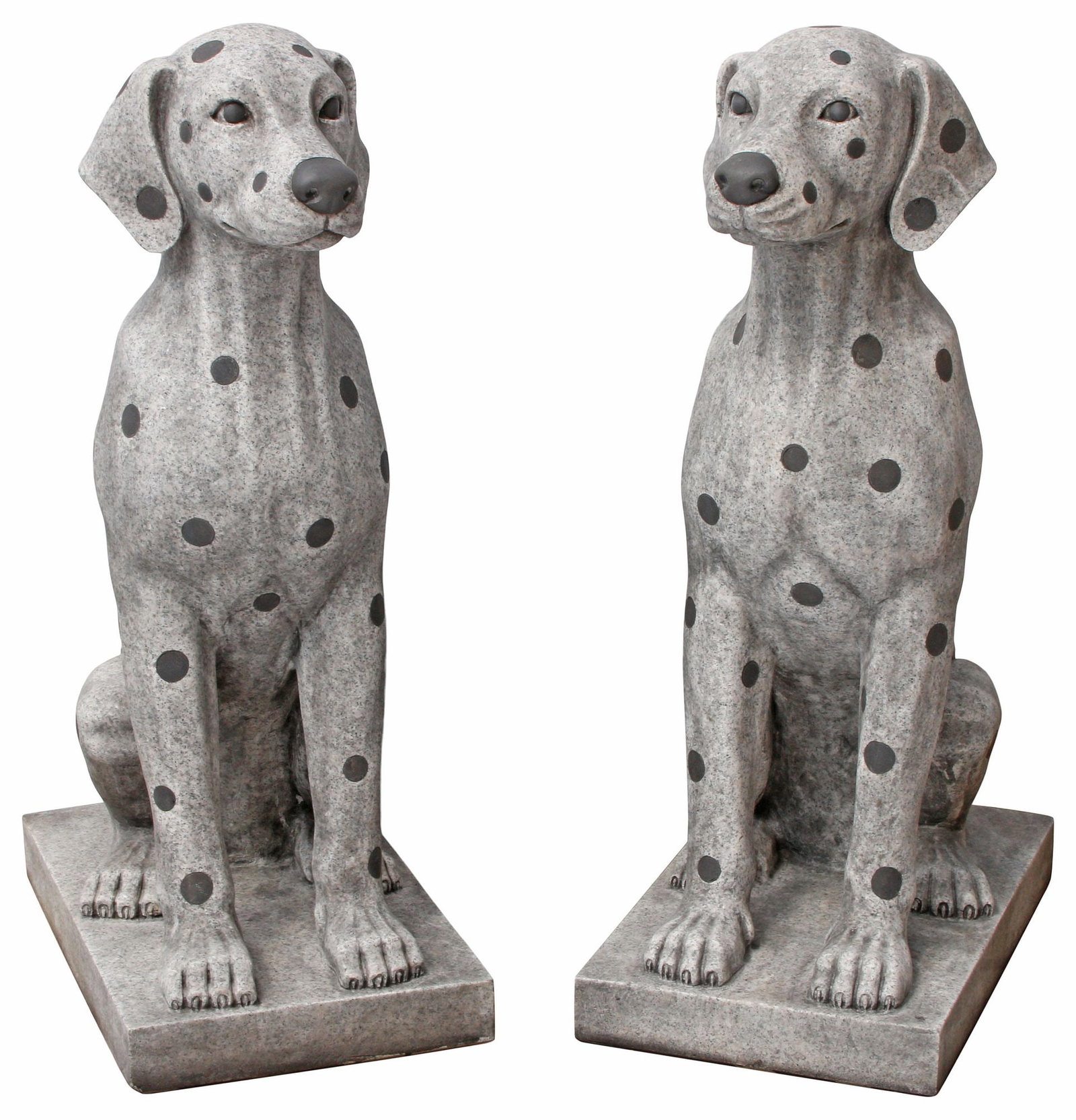 (2) CARVED GRANITE & MARBLE-INSET GARDEN SCULPTURES, DALMATIAN DOGS: (pair) Carved granite garden sculptures, Seated Dogs, with black marble inlay, approx 40"h, 14.5"w, 23"d **PLEASE NOTE: All of the cast stone and garden pieces in this auction have inherent flaws and 
