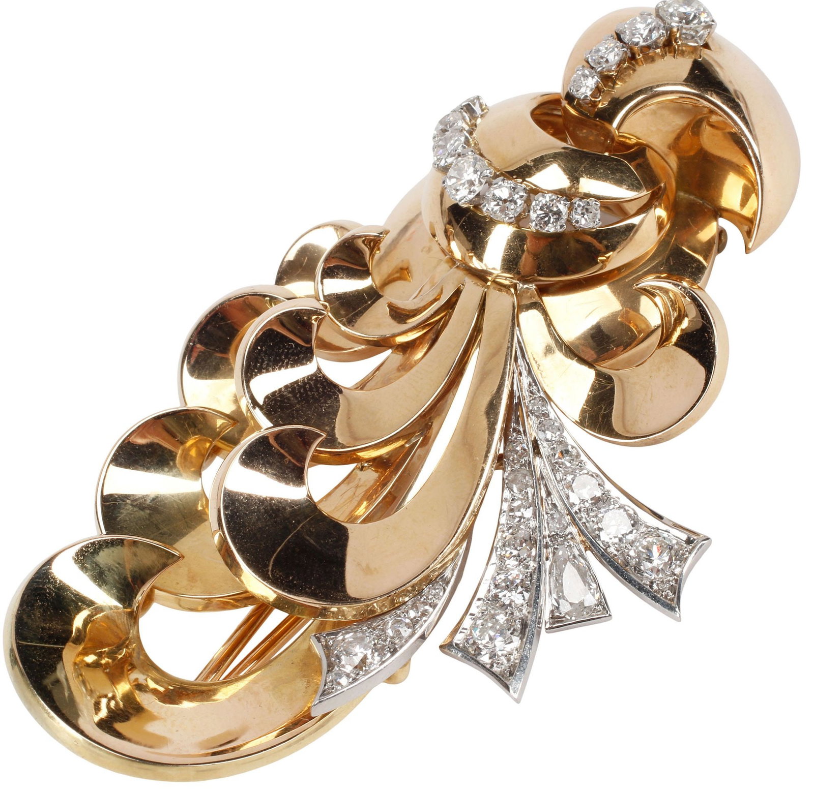 LARGE ESTATE FRENCH RETRO 18KT YG, PLATINUM & DIAMOND DRESS CLIP BROOCH, 40.8 GRAMS: Estate Retro French bicolor 18kt yellow gold and platinum (tested) dress clip brooch, sizeable sculptural ribbon and scroll design, set with (thirty) diamonds, with a pear cut and numerous round-cut d