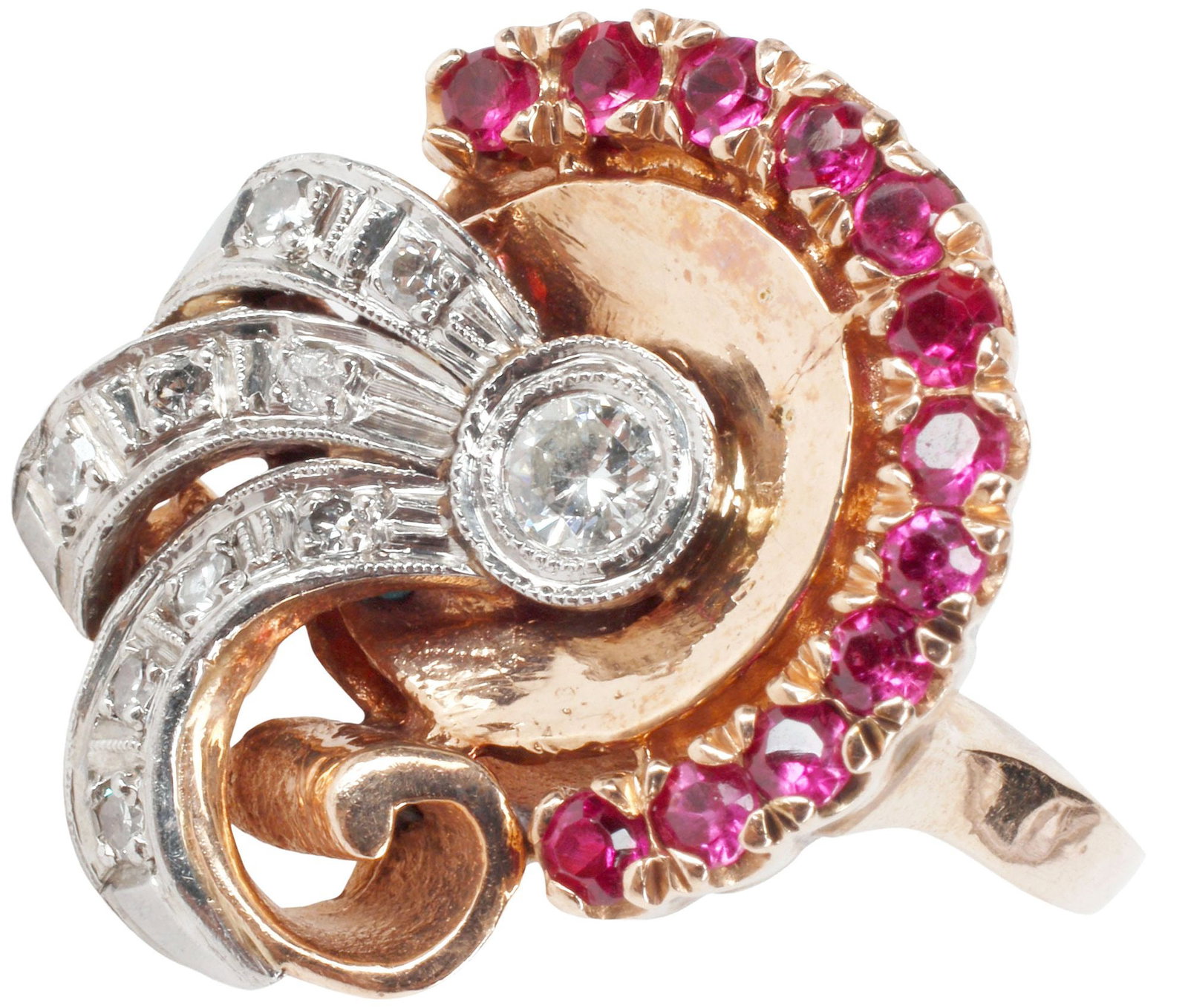 ESTATE 14KT ROSE GOLD, SYNTHETIC RUBY & DIAMOND RETRO COCKTAIL RING: Estate retro cocktail ring, executed in 14kt rose gold and platinum (tested), sculptural design set with an arc of (twelve) round-cut synthetic rubies, approx 0.50cttw, accented by a central round bri