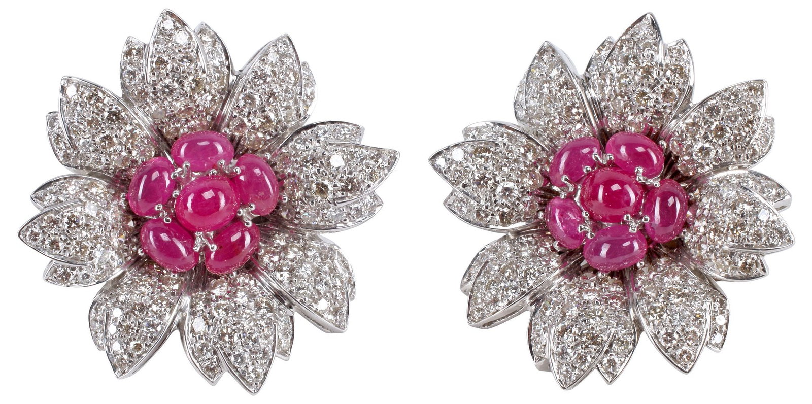 (PR) ESTATE 18KT WHITE GOLD, 5.00CTTW DIAMOND & 7.50CTTW RUBY EARRINGS: (pair) Estate Italian 18kt white gold (tested) and diamond earrings, Giovane, each in the form of a blossoming flower, with (six) central ruby cabochons, approx 7.50cttw, surrounded by numerous small 