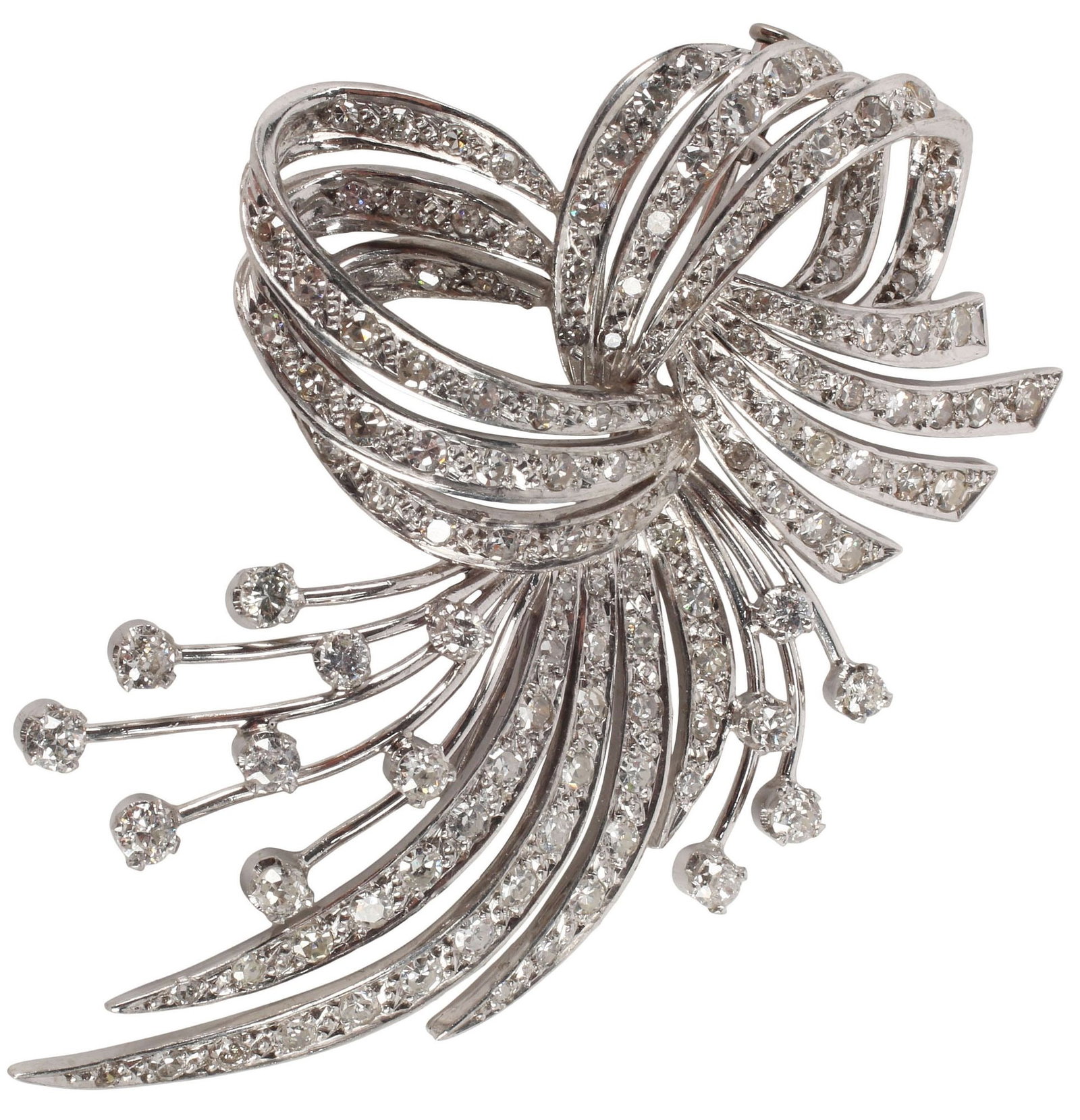 ESTATE M. MILLMAN PLATINUM & 4.25CTTW DIAMOND BOW BROOCH / PIN: Estate platinum (tested) brooch, M. Milman, open bow and spray motif, set with round brilliant, old European, and single-cut diamonds throughout, approx 4.25cttw, average color: H-I, average clarity: 