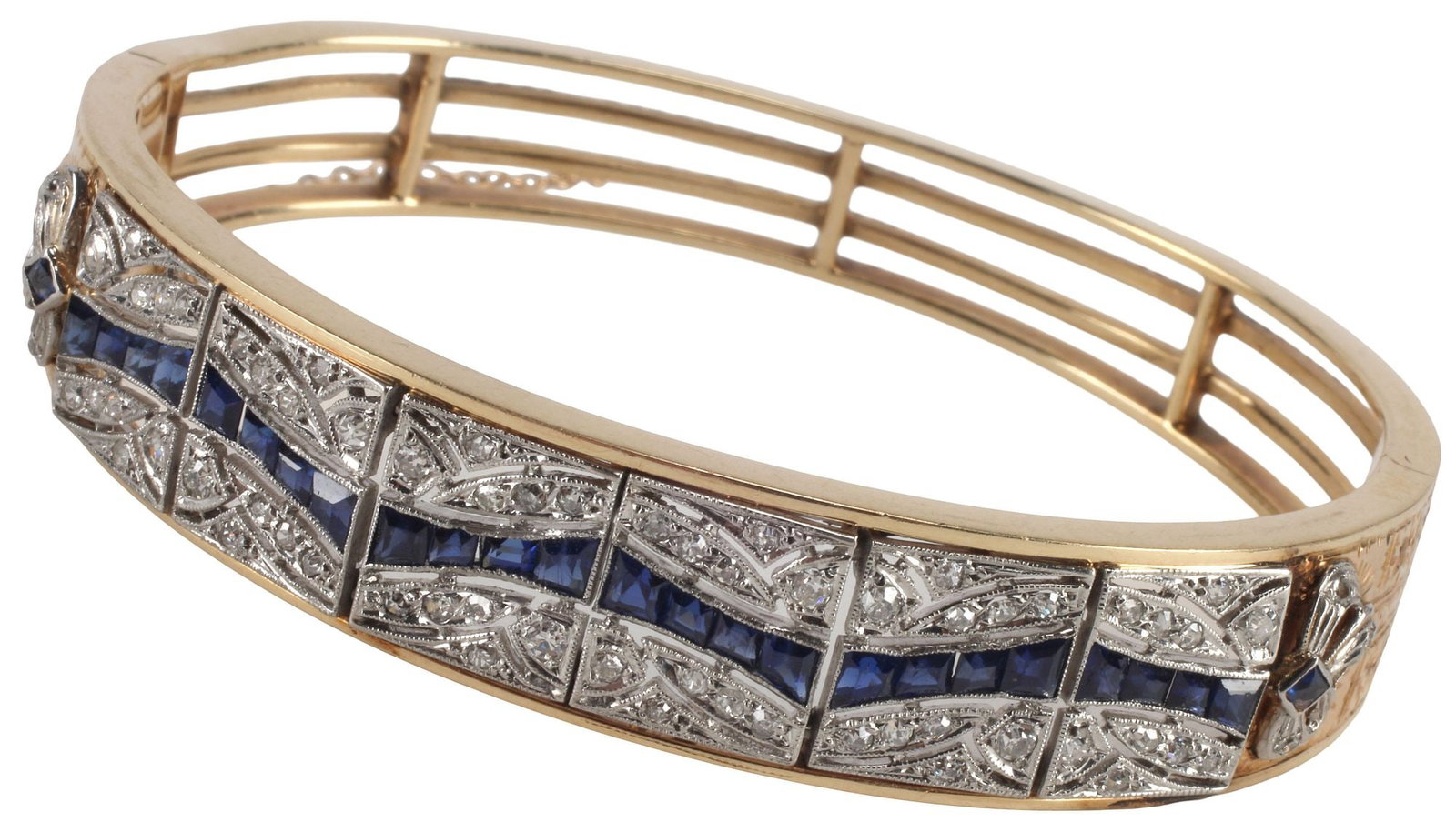 ESTATE ART DECO STYLE 14KT GOLD SAPPHIRE & 1.00CTTW DIAMOND BANGLE BRACELET: Estate Art Deco style 14kt yellow gold (tested) bangle bracelet, having pierced openwork band with central belt of square-cut lab-created blue sapphires, approx 1.74cttw, flanked by numerous small rou