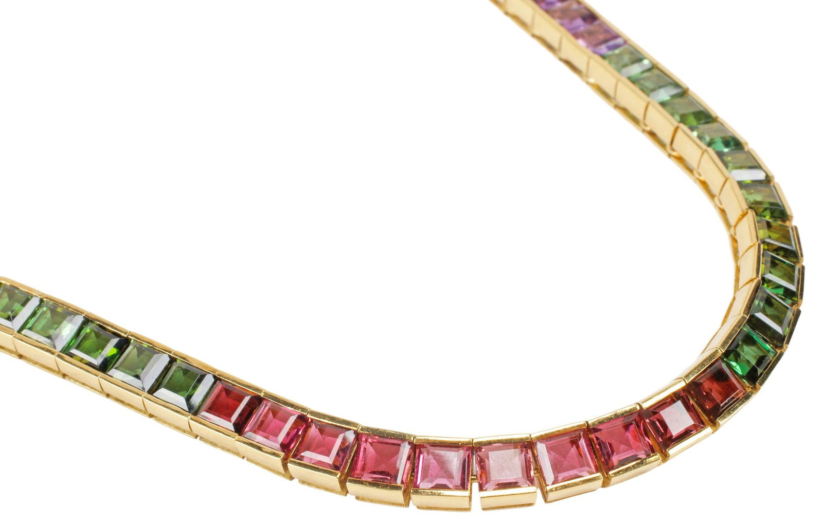 ESTATE 18KT YELLOW GOLD & 30.00CTTW COLORFUL MULTI-GEMSTONE LINE NECKLACE: Estate 18kt yellow gold (tested) and gemstone line necklace, a continuous articulated line of square step-cut stones, including with blue sapphire, tourmaline and amethyst, approx 30.00cttw, individua