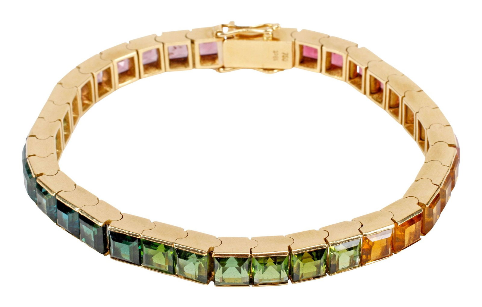 ESTATE 18KT YELLOW GOLD & 22.00CTTW RAINBOW TOURMALINE LINE BRACELET: Estate 18kt yellow gold (tested) and rainbow tourmaline bracelet, a continuous articulated line of square step-cut tourmalines, approx 22.00cttw, of varied colors and hues, individually set in polishe