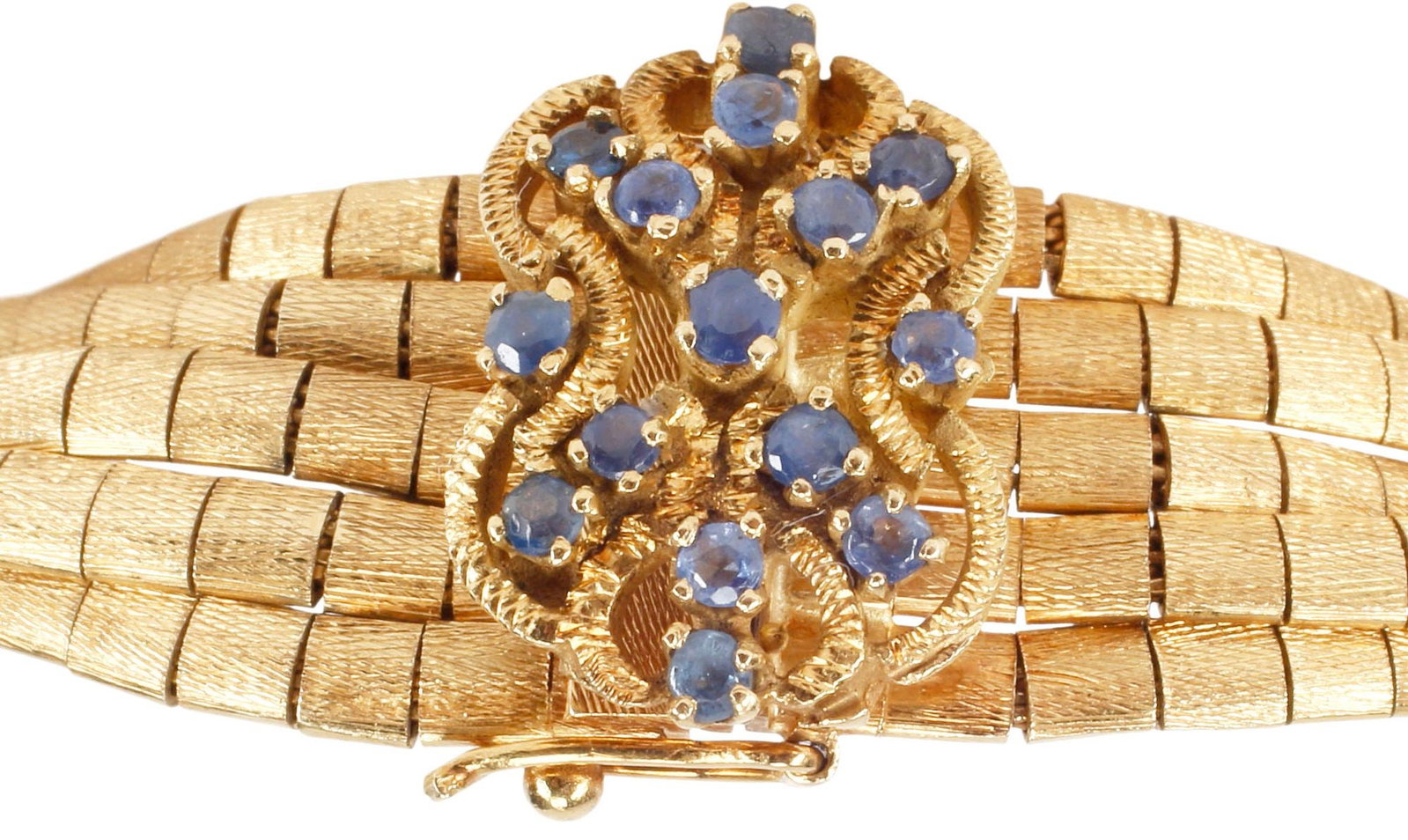 ESTATE ITALIAN GIOVANNI BOVO VINTAGE 18KT GOLD & SAPPHIRE BRACELET, 37.2 GRAMS: Estate Italian 18kt yellow gold and gemstone multi-strand bracelet, Giovanni Bovvo, Vicenza, five rows of articulated textured links, mounted with an ornamental clasp featuring (fifteen) round-cut nat