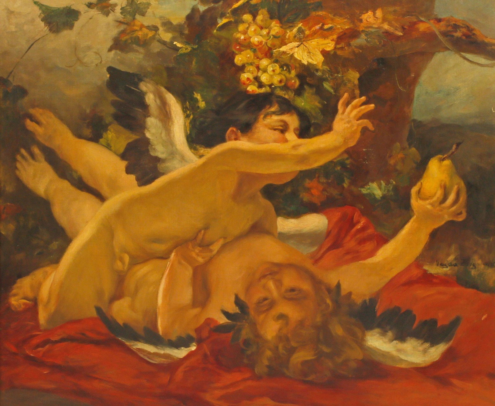 ZSIGMOND VAJDA (1860-1931) PAINTING, WINGED CHERUBS WITH FRUIT: Framed oil on canvas painting, Winged Putto with Fruit, signed lower right Vajda Zsigmond (Romania, Hungary, 1860-1931), sight: approx 29.75"h, 36"w, overall: approx 39"h, 45.5"w, 16.75lbs