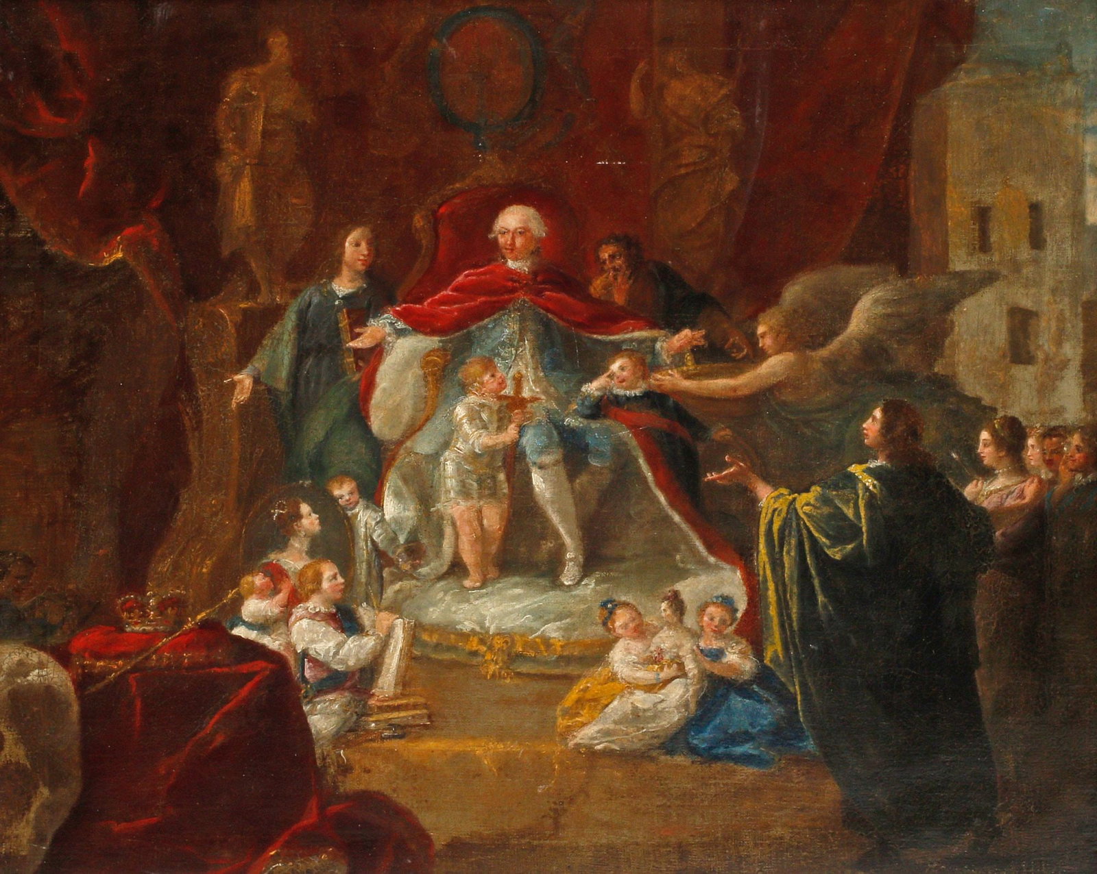 CONTINENTAL SCHOOL OIL PAINTING, ANGEL GREETING THE KING AT COURT: Framed Continental School oil on canvas painting, The Kings Court with Children and Winged Angel, apparently unsigned, sight: approx 24"h, 29"w, overall: approx 38"h, 33"w, 18.5lbs